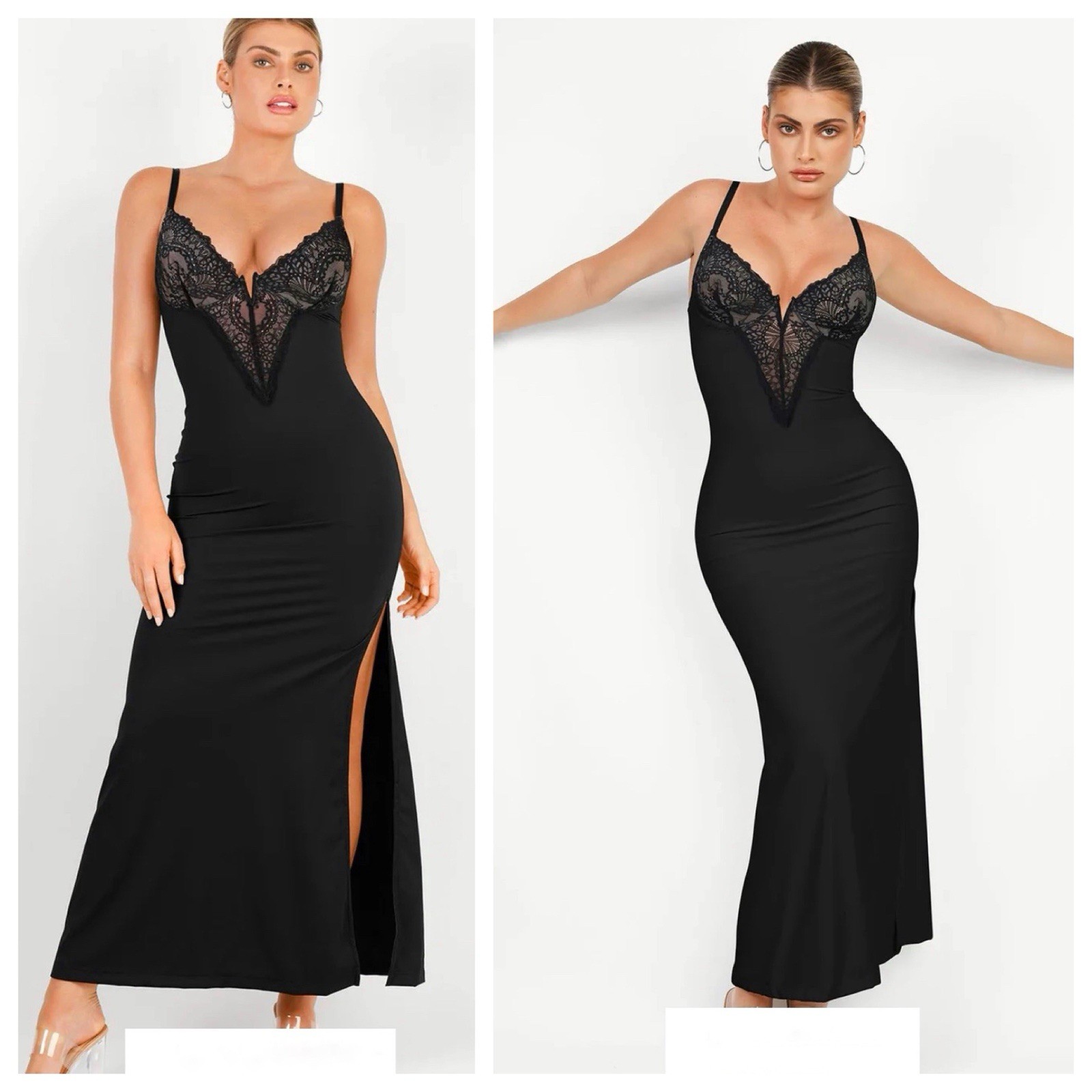 NWT Popilush Shapewear Lace V Neck Side Slit Slimming Maxi Slip Dress black L