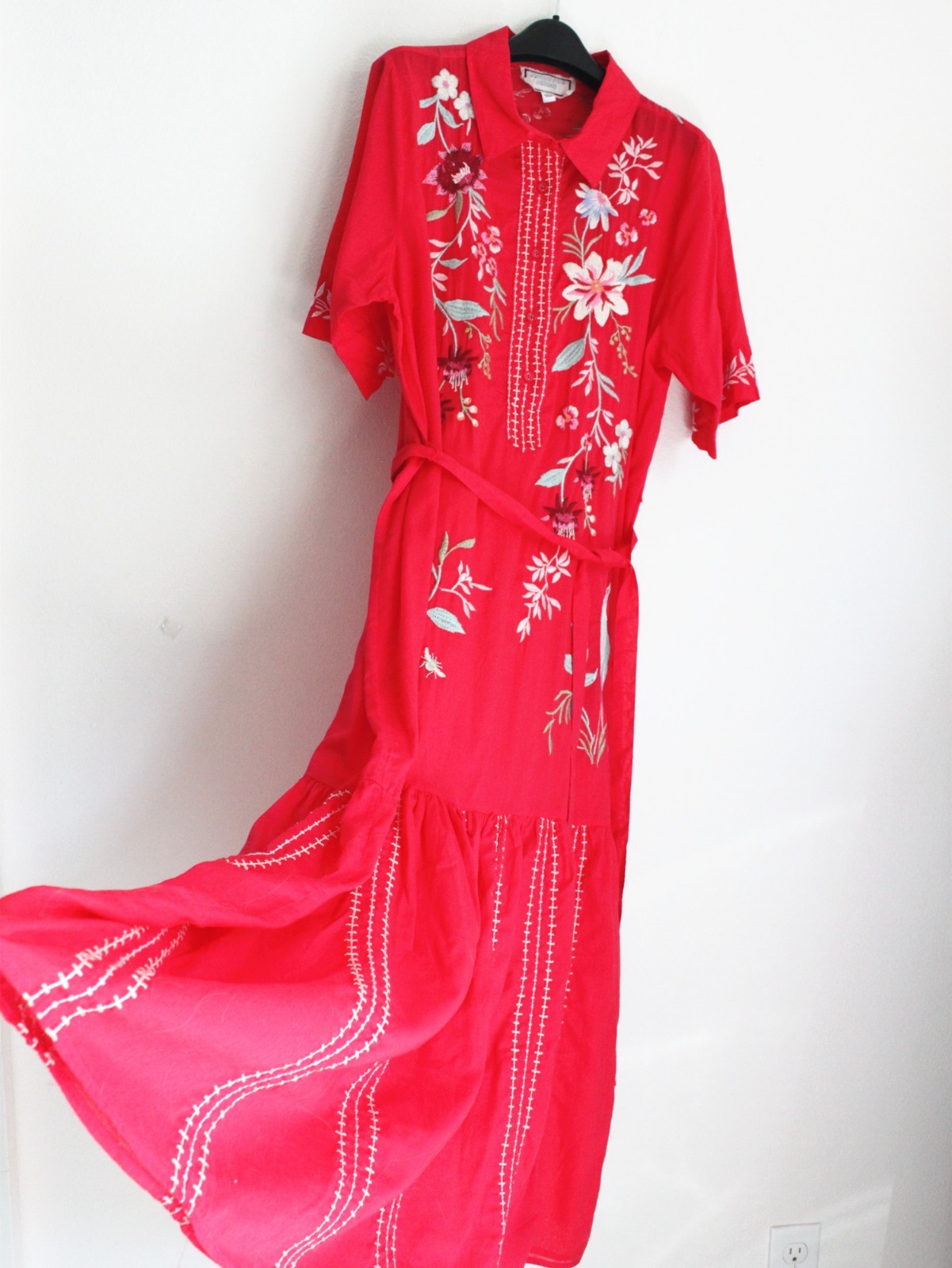 Johnny Was Darcey Henley Tiered Shirt Dress, Watermelon Pink, Boho Chic, M