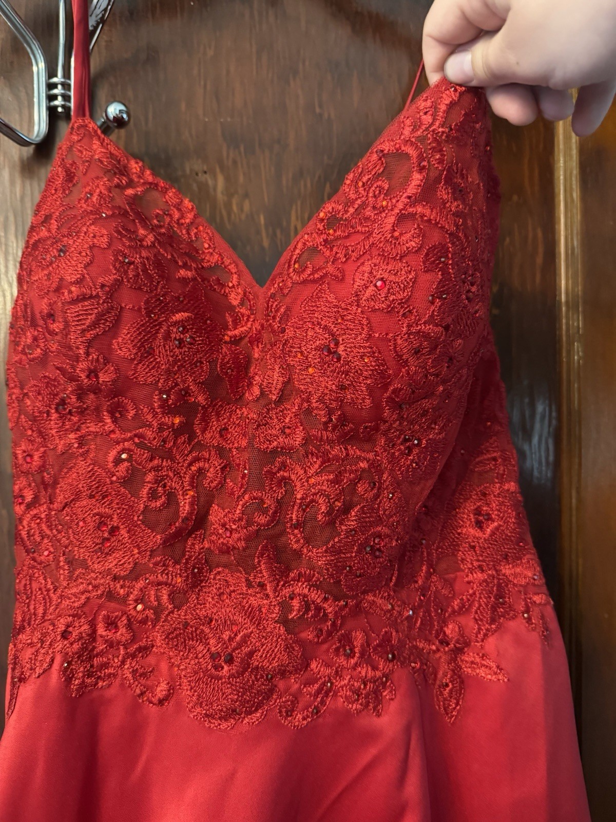 Blondie Nites by Stacy Sklar Red V-Neck Lace Bodice Lace-Up Long Gown 9