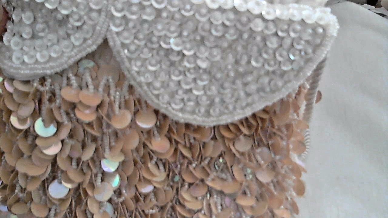 Cascading Sequin Bag Beige White Flaps Draw Cord 8.5″ x 8″ Lined In Satin