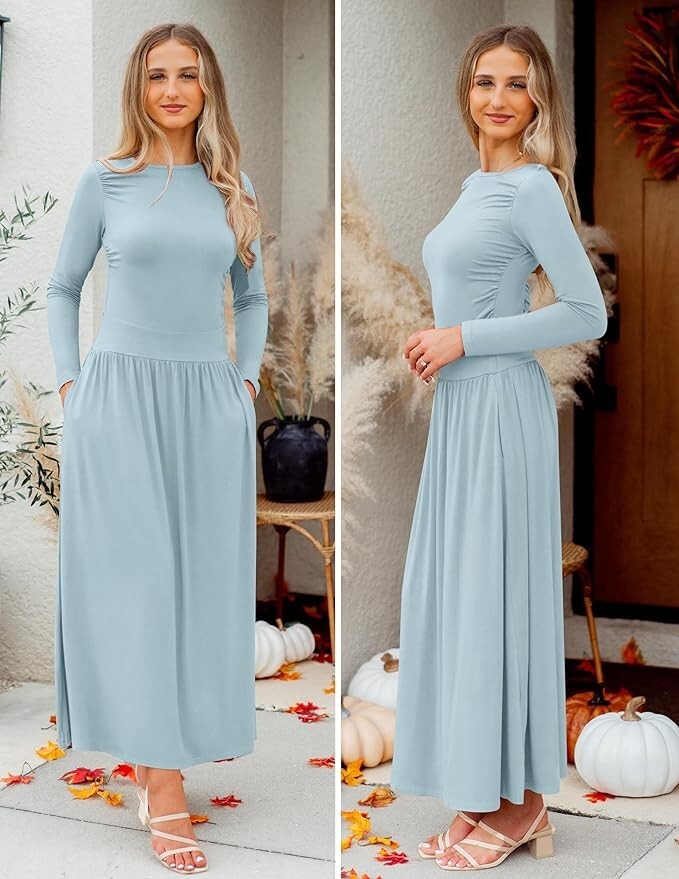 ZESICA Women’s Medium Blue Long Sleeve Maxi Dress Knit Swing Pockets NWT New