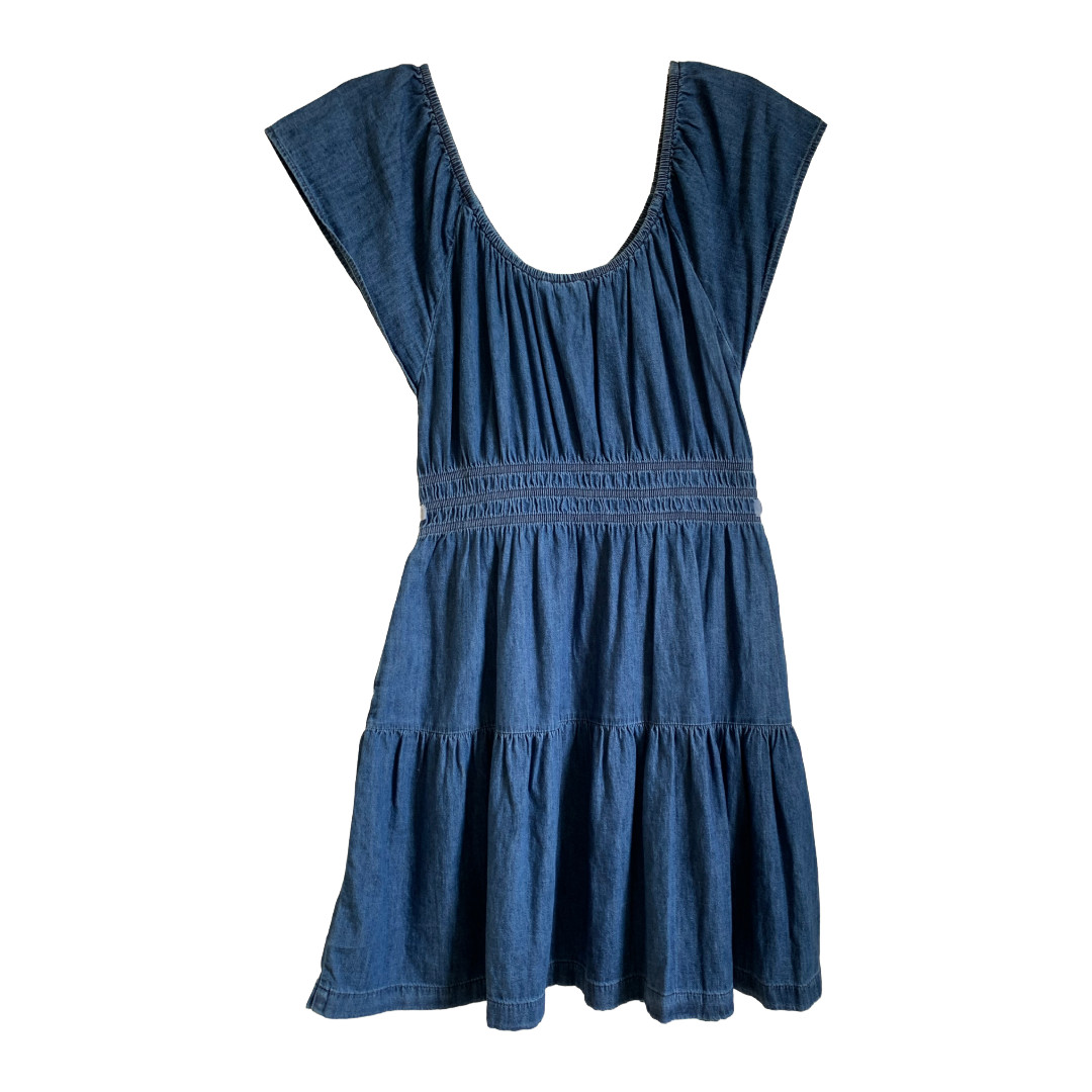 NWT GAP Denim Short Flutter Sleeve Tiered Round Neck Mini Dress w. Pockets Sz L