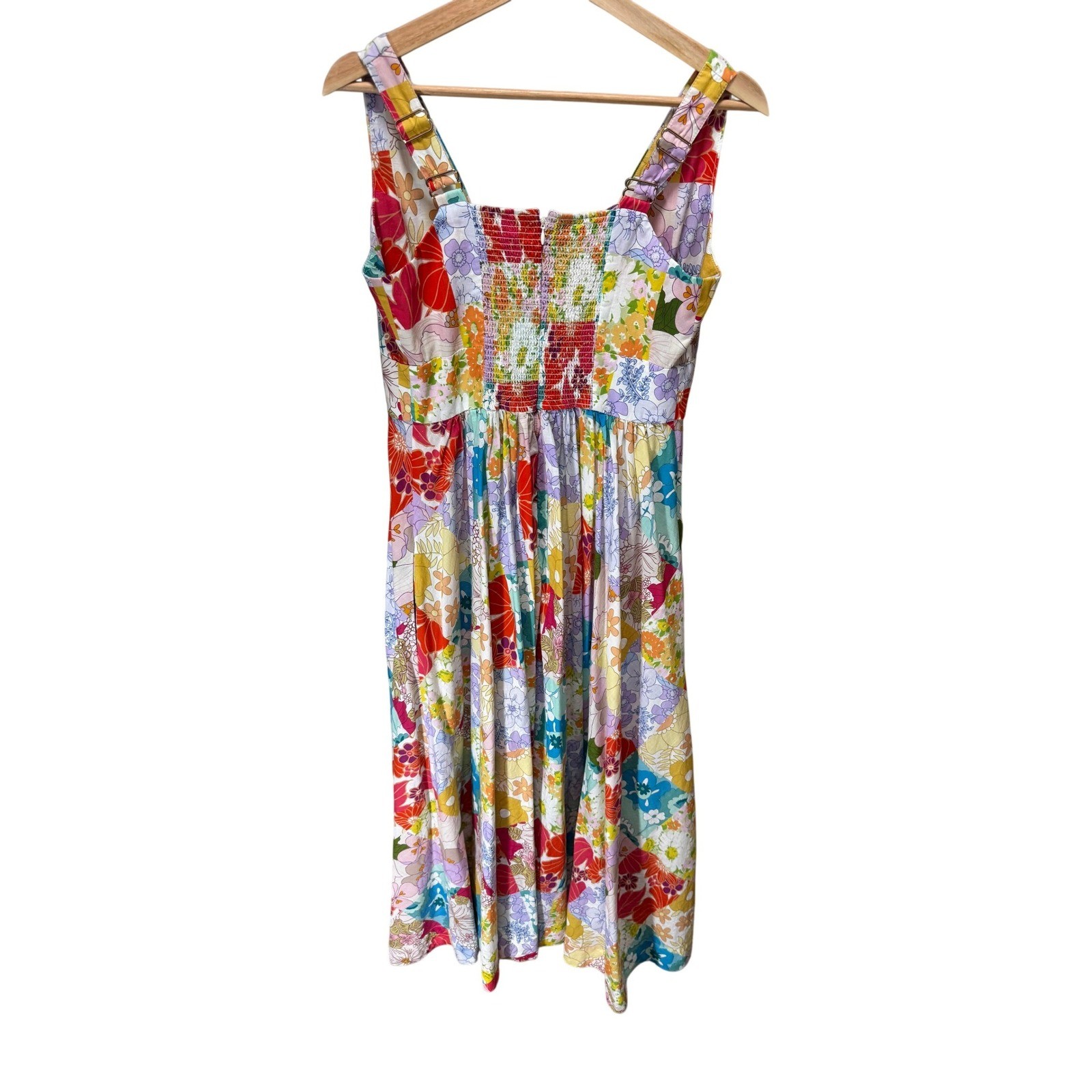 Patchwork Floral Midi Dress Womens M Tie Front Boho Colorful Sundress Resort
