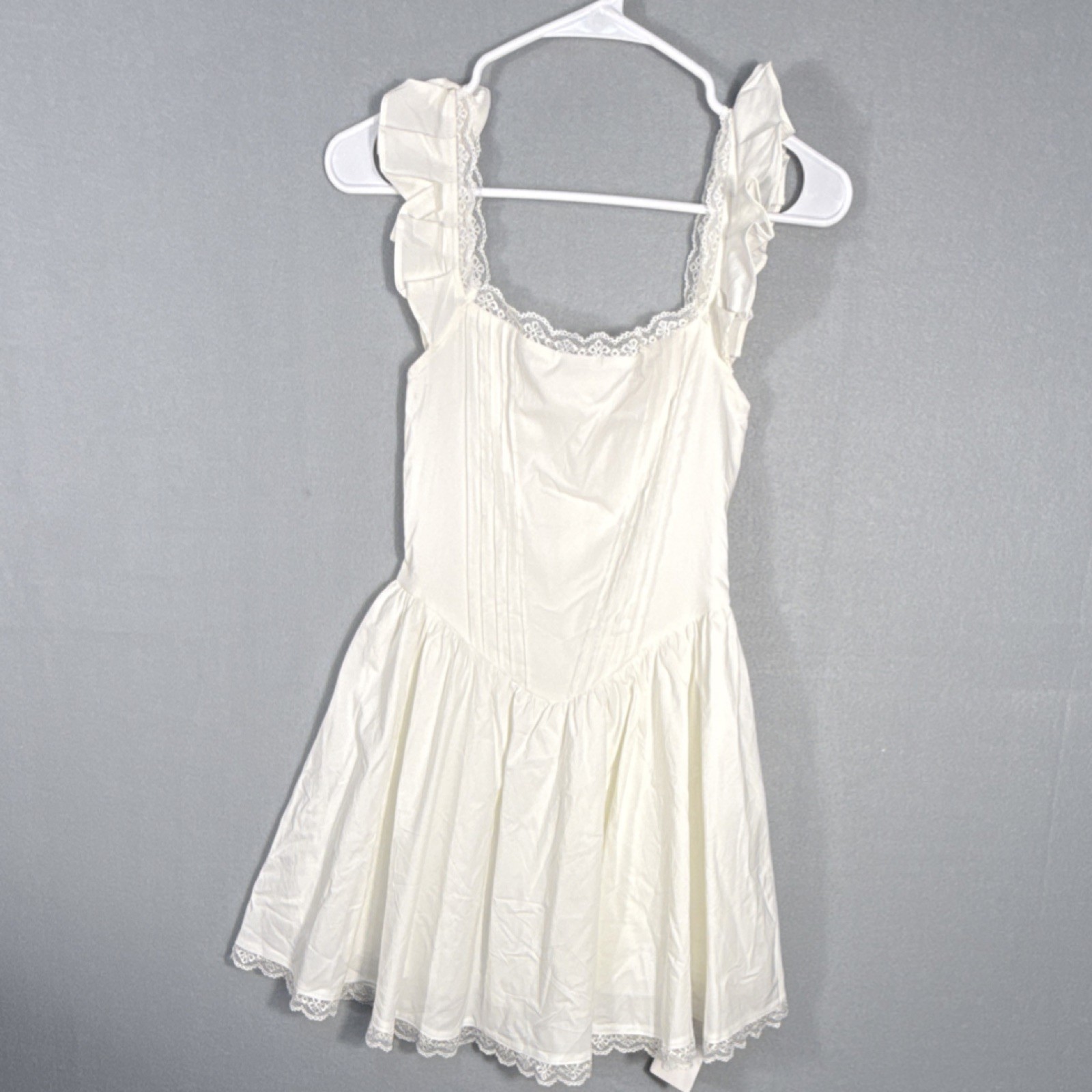 GLNEGE White Mini A-Line Dress Ruffle Lace Square Neck Pullover Women XS