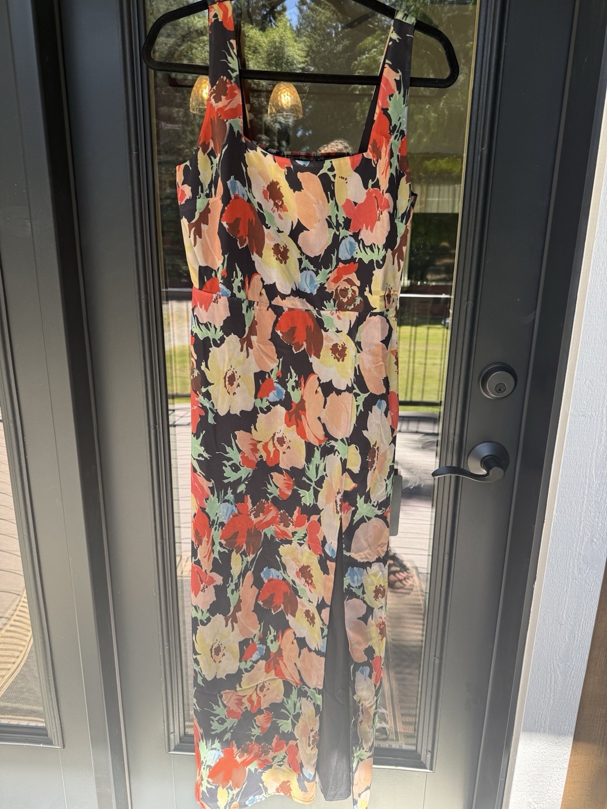 Lulus Miya Back Red Floral Square Neck Midi Dress M Slit NWT