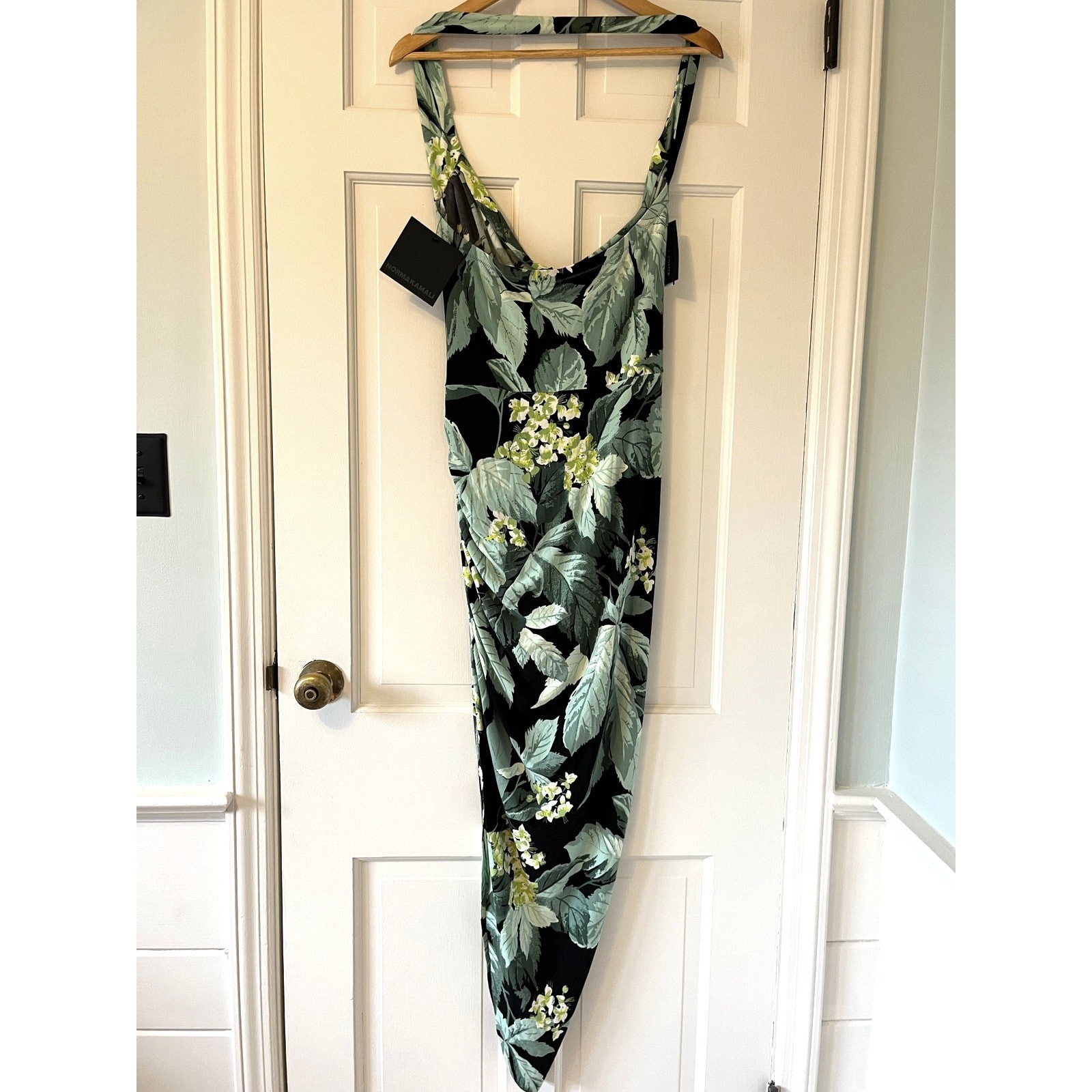 Norma Kamali Cayla Side Drape Halter Maxi Dress XL NWT Tropical Mint Floral Gown