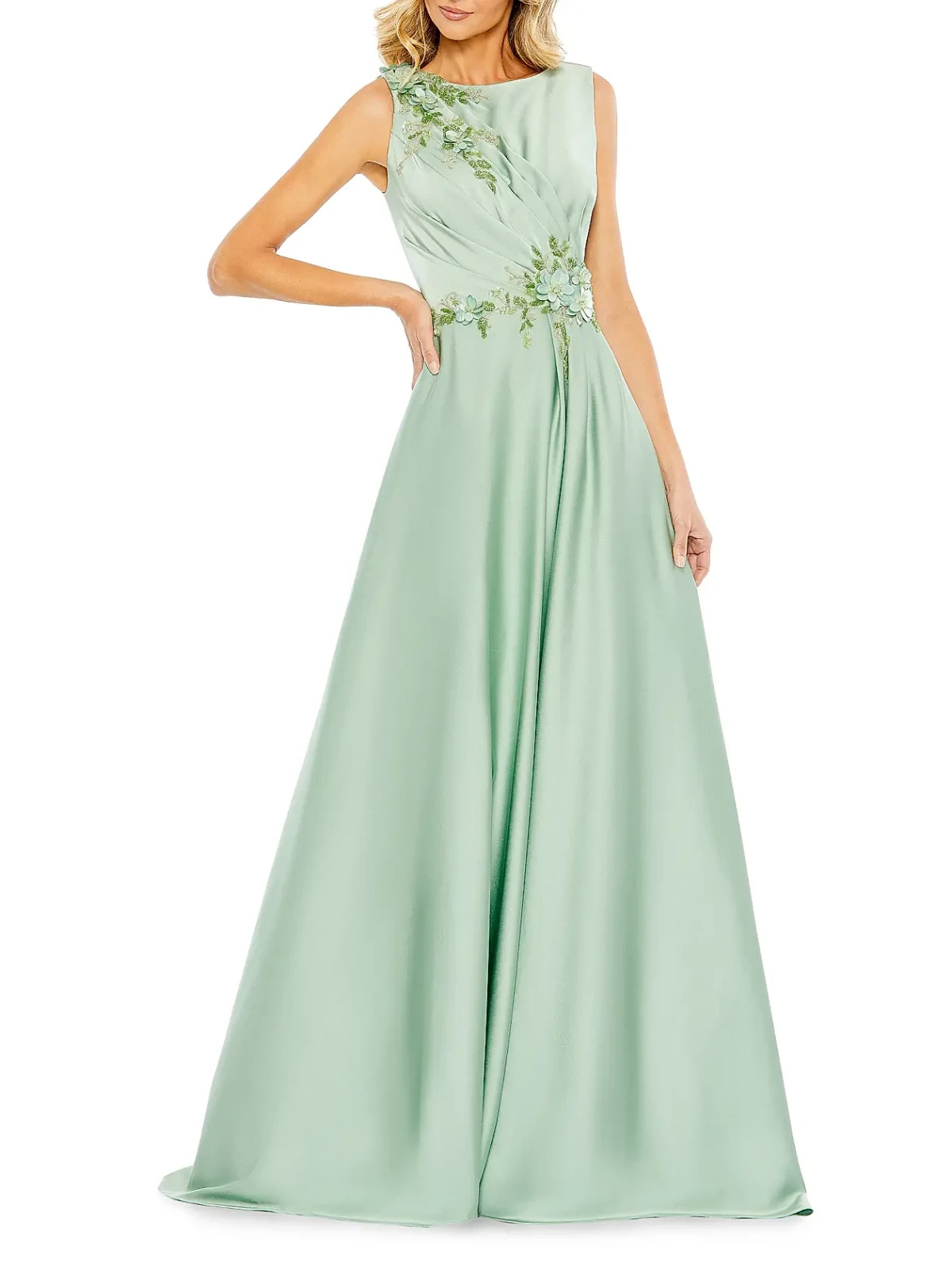 Mac Duggal Sage Green Floral Applique Sleeveless A Line Gown Size 8 $898