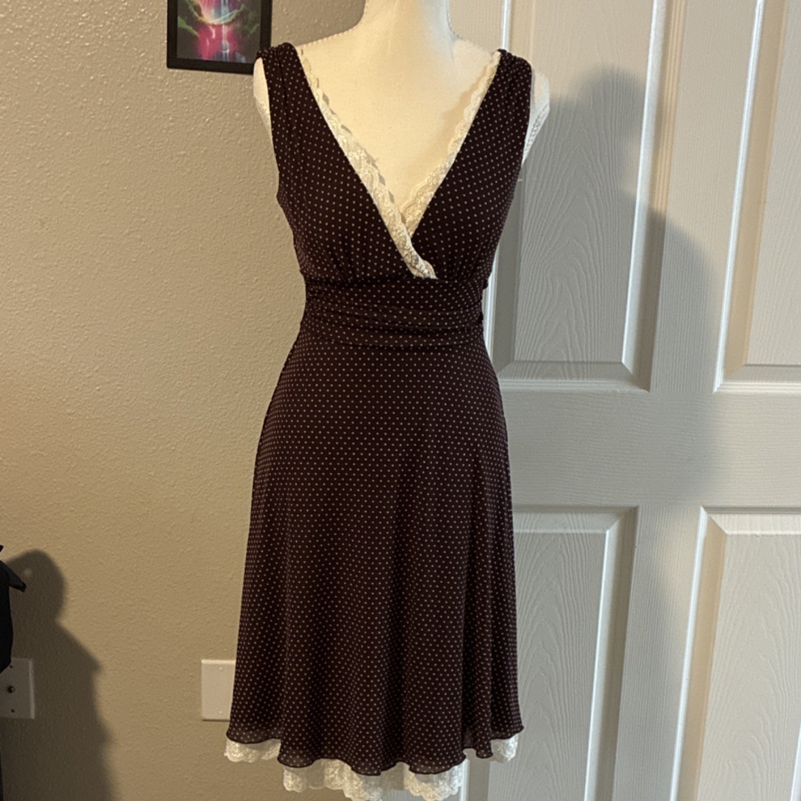 Speechless Brown White Polka Dot Lace Trim Sleeveless Knee Length Dress Small