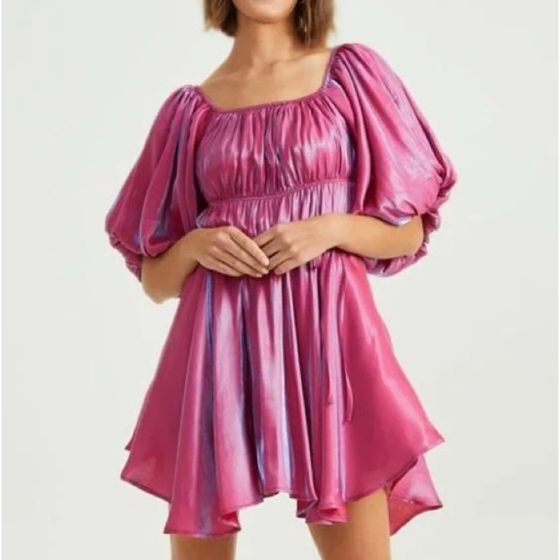 ALTAR’D State Amabella Puff Sleeve Iridescent Pink Blue Shimmer Mini Dress Med