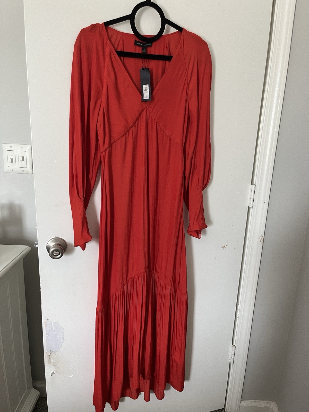 Banana Republic Red Solid V-Neck Pleated Bishop Long Sleeve Maxi Dress 6