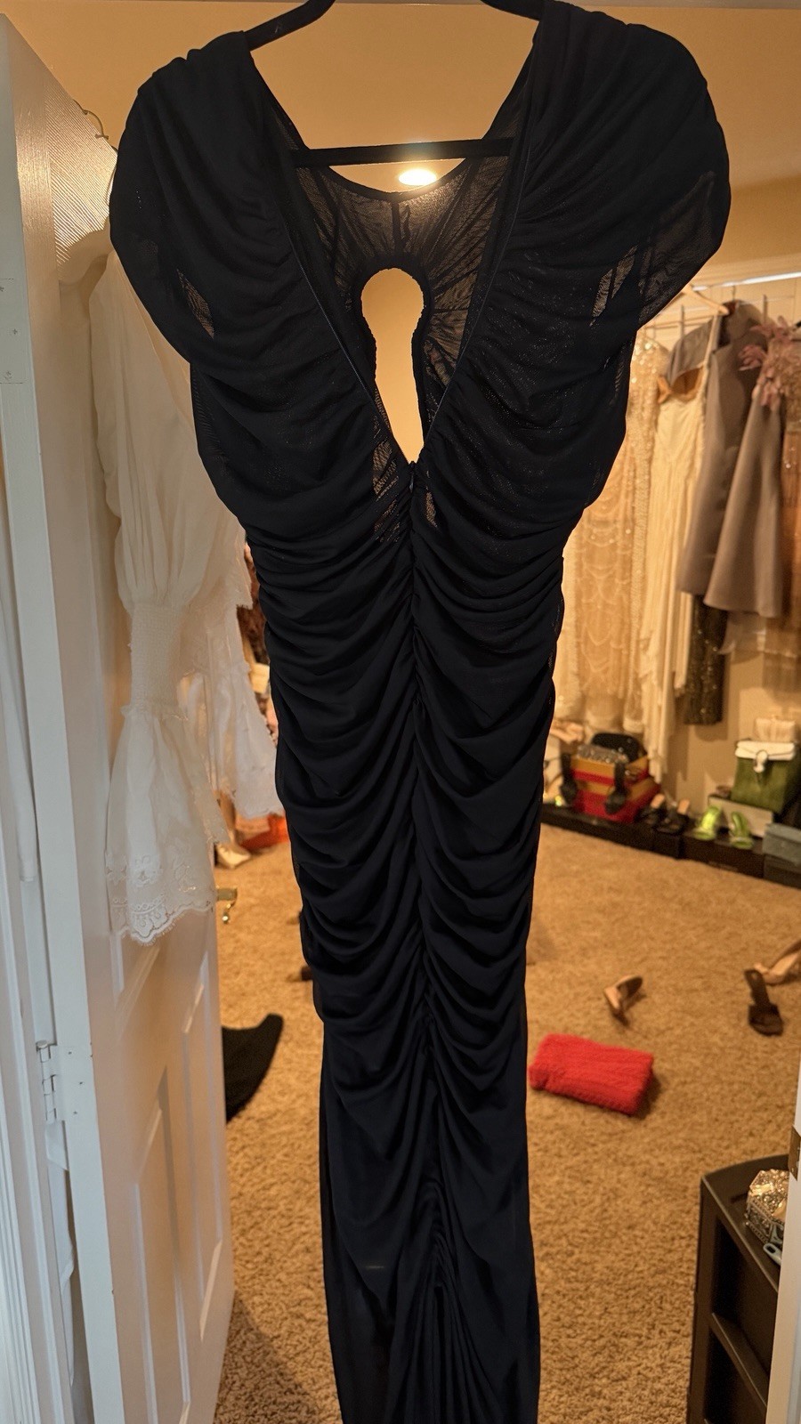 Women’s Black Ruched Mesh Cutout Maxi Dress Sheer Bodycon Evening Gown