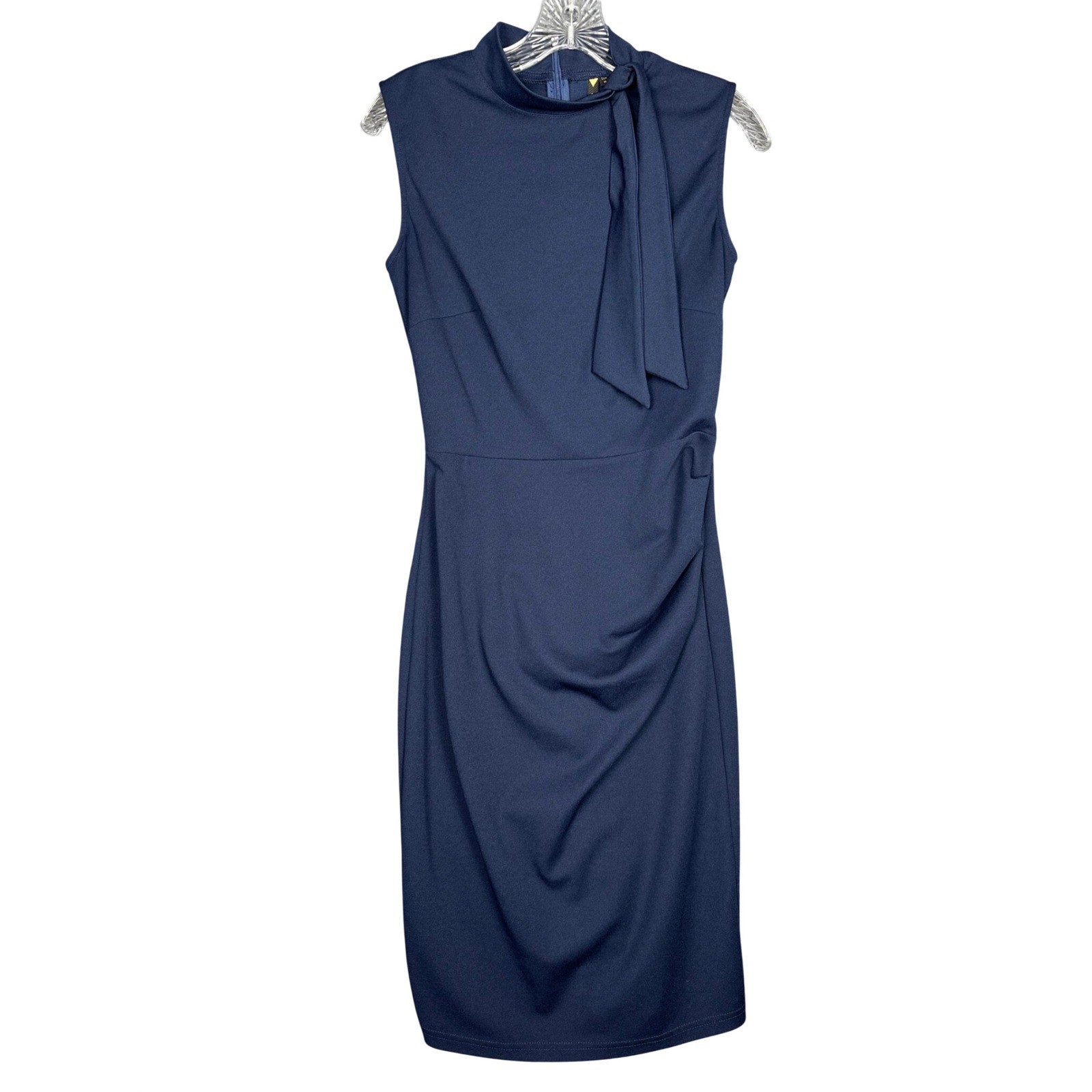 Miusol Womens Tie Neck Sheath Dress Size M Sophisticated Navy Blue Career Chic