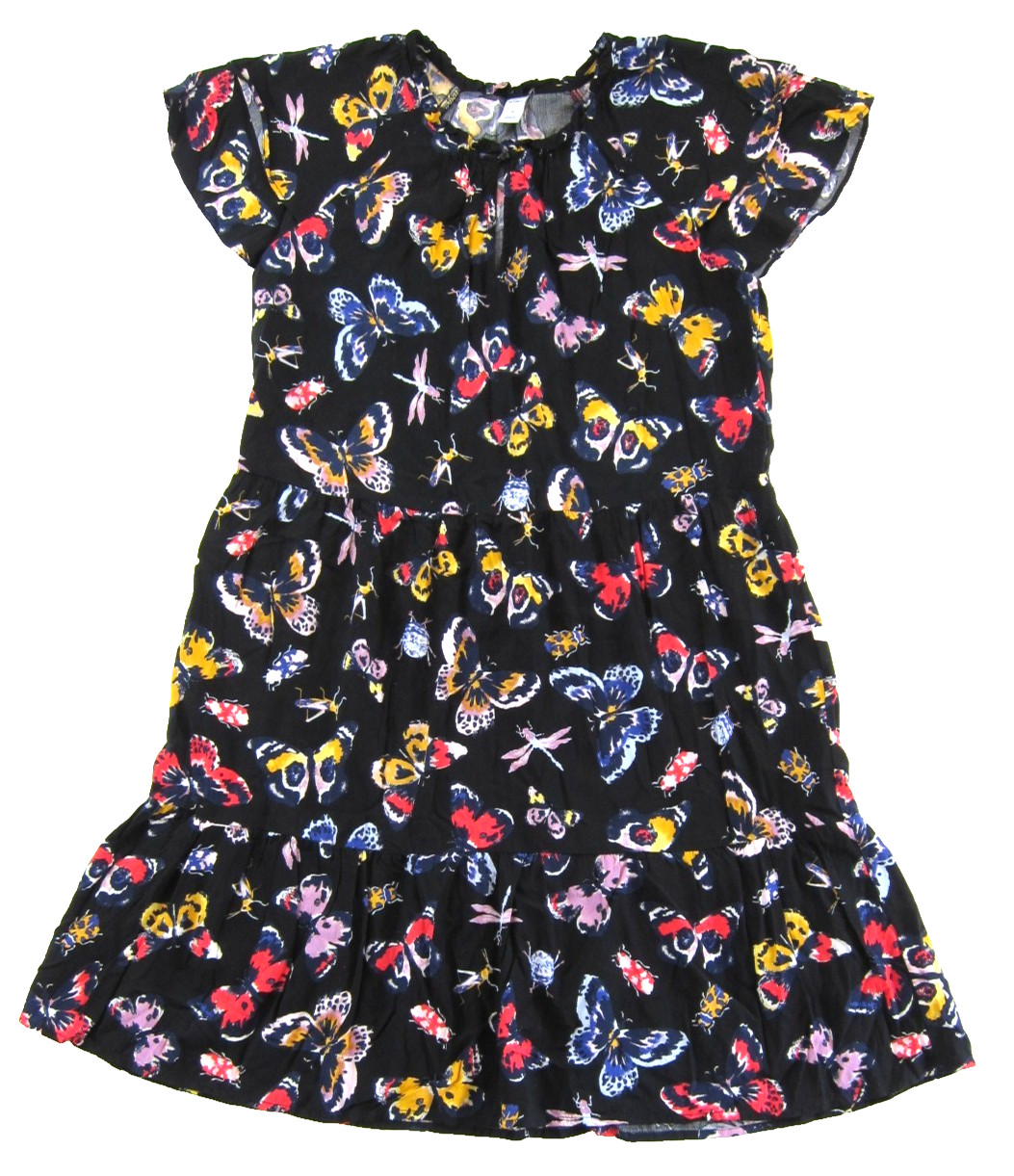 Old Navy 100% Rayon Black Yellow Red Purple Butterfly Cap Sleeve Sun Dress M