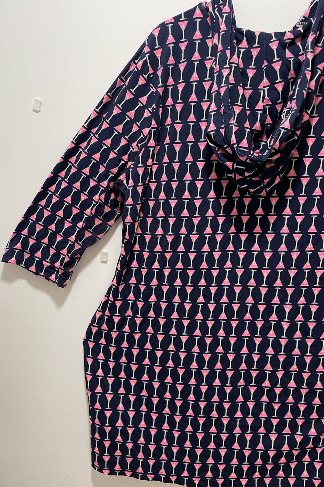Beachtime Navy Pink Geometric Shift Dress Hood Button Collared Pockets XL