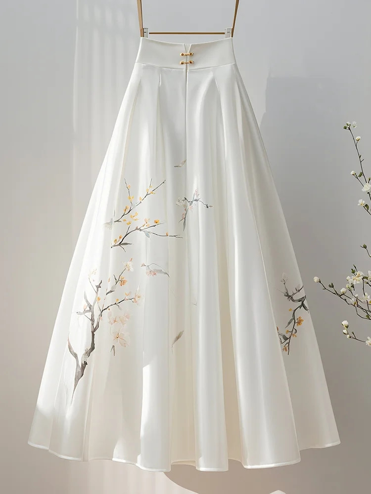 Elegant Temperament Chinese Style Printing Solid Color Skirt Women Spring Summer