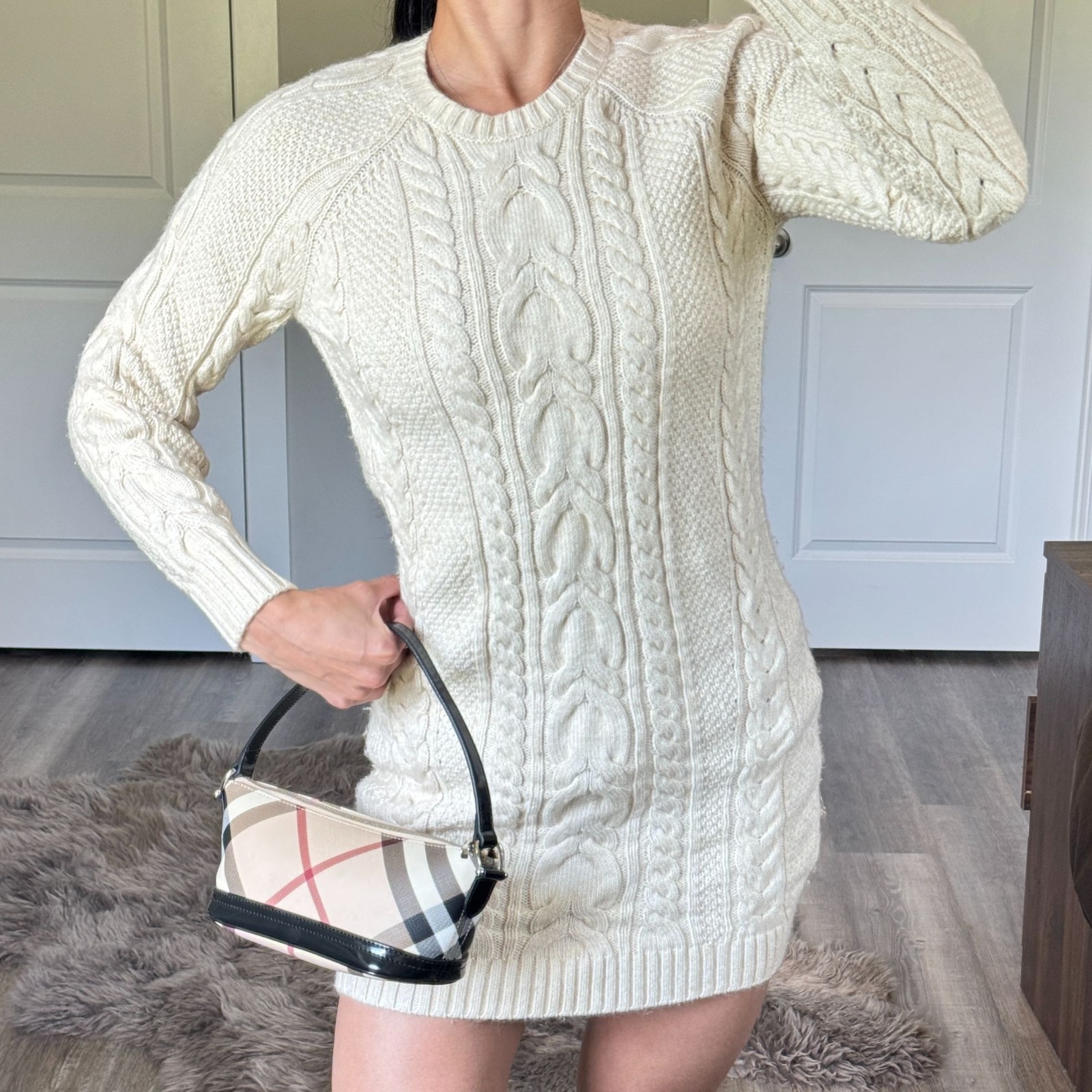 Polo Ralph Lauren Cream Cable Knit Sweater Dress Womens XS Preppy Quiet Luxury
