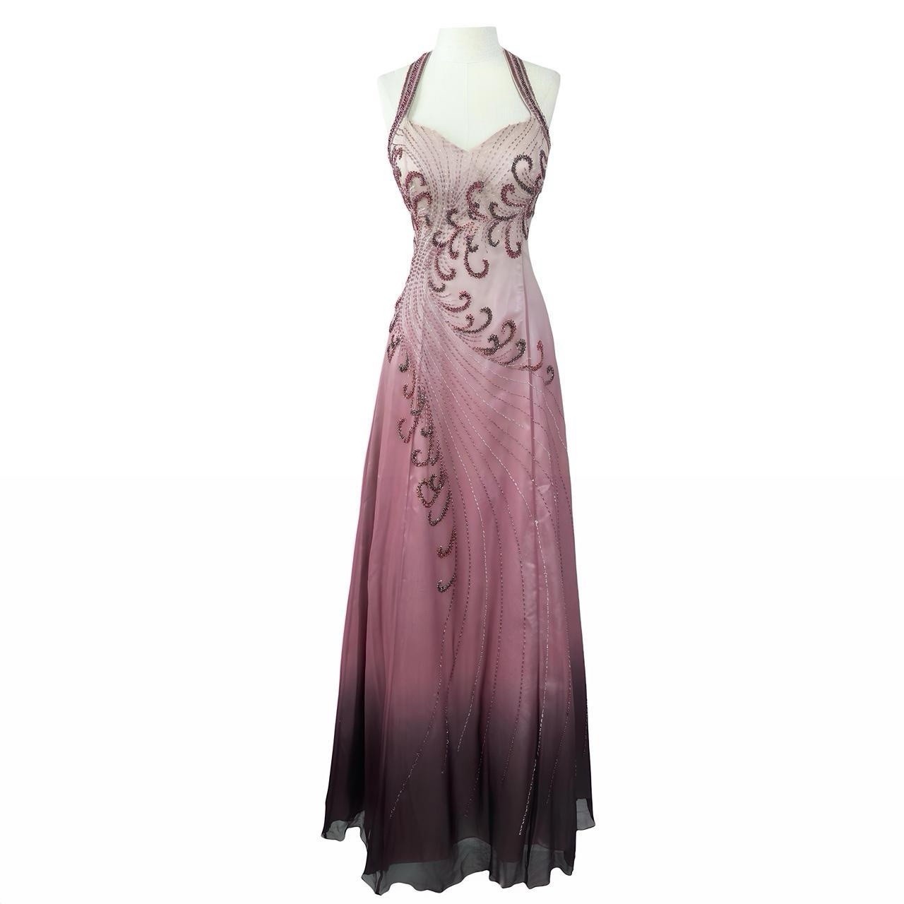 Vintage Silk Beaded Halter Pink Ombre Prom Dress Evening Gown Art Deco Dress