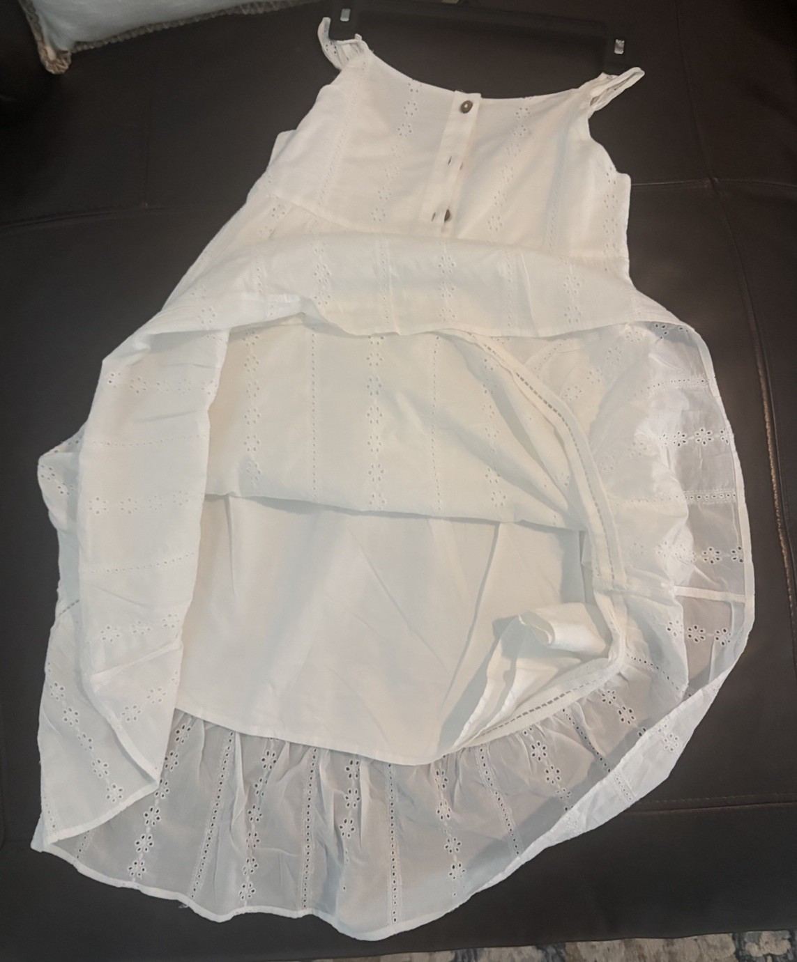 White Eyelet Sundress L Midi Square Neck Strappy Sleeveless Button Ruffle Hem
