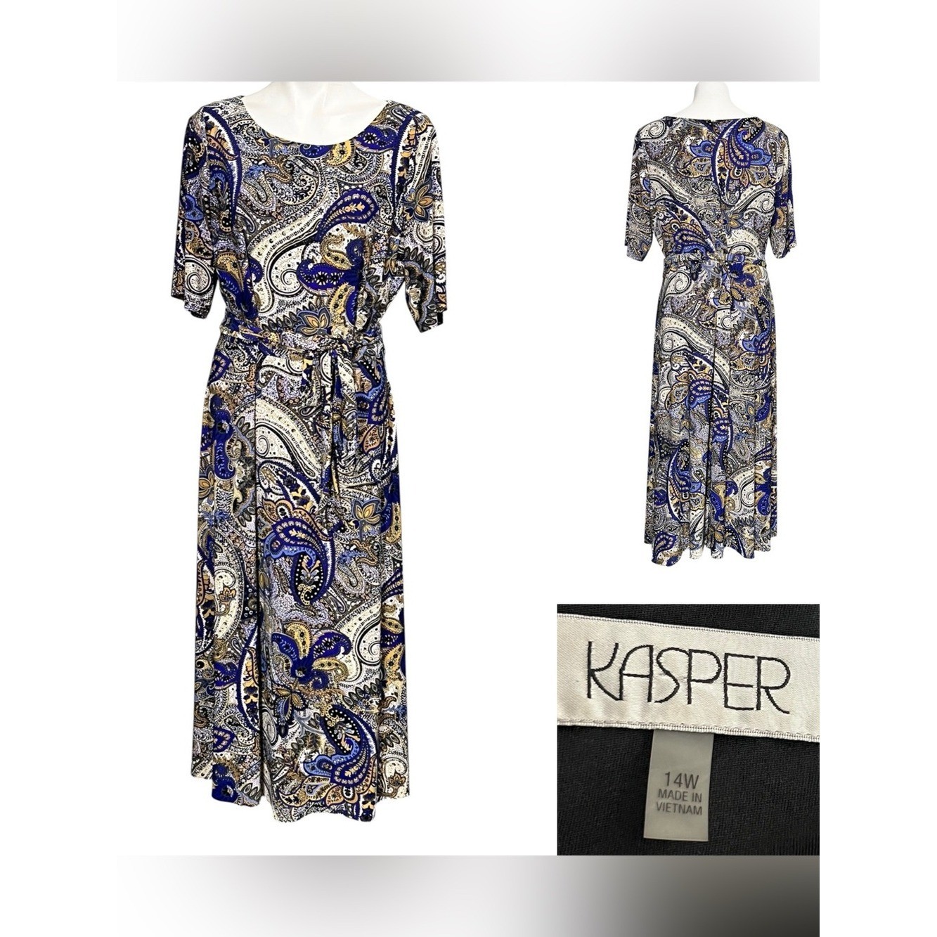 Kasper dress 14 Blue multicolor half-sleeve tie-waist midi/maxi office fall