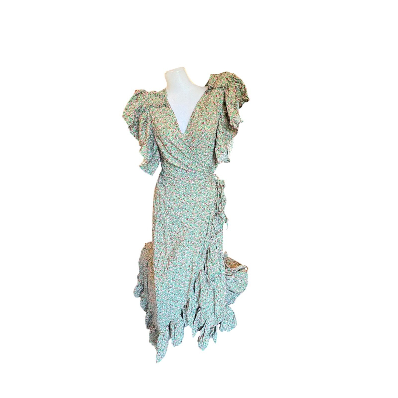 ♾️Bali ELF Rayon Green Fields Carmen Wrap Maxi Dress Boho Festival Ruffle Lg♾️