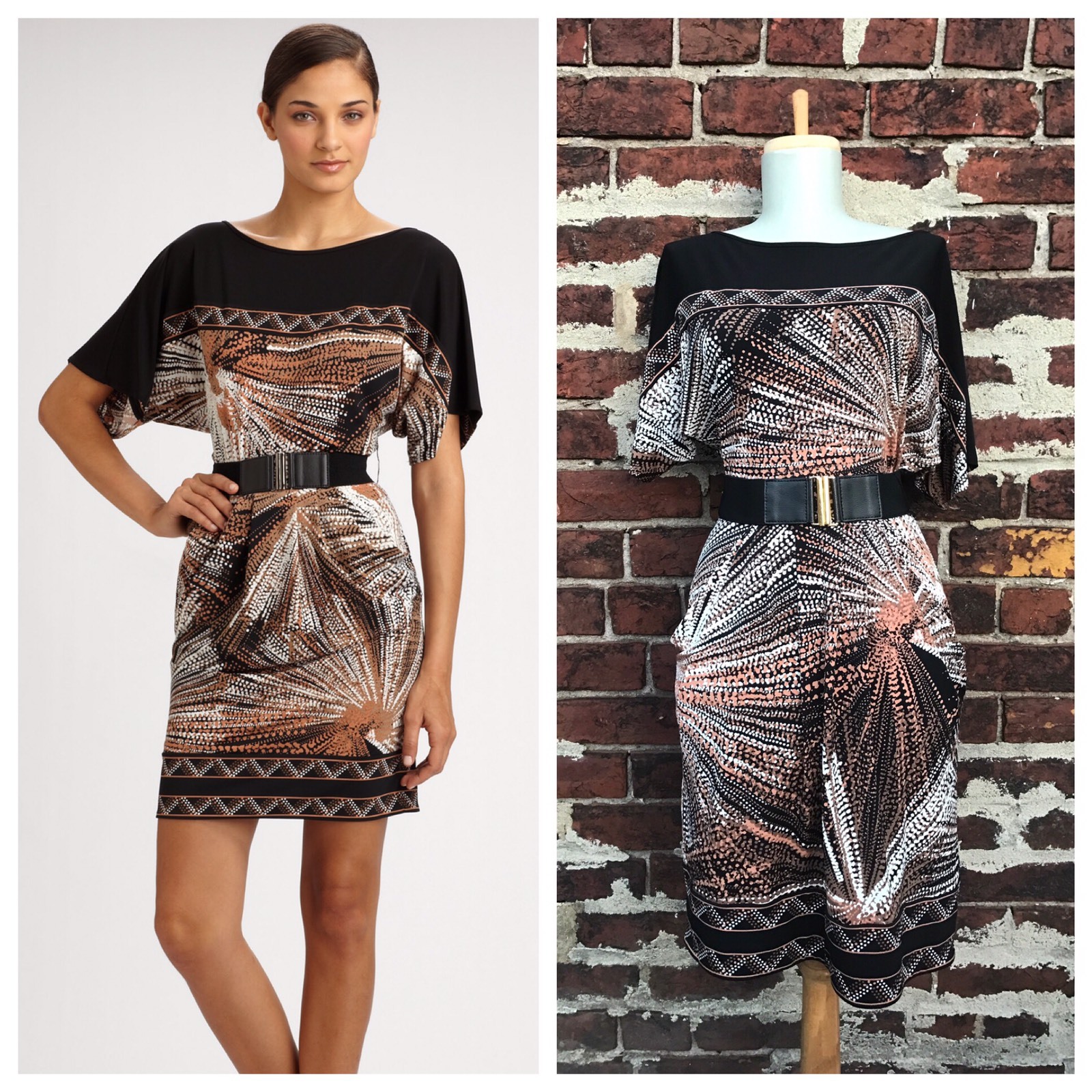 BCBG Maxazria XS Graphic Print Belted Stretch Jersey Nubuck Dress Sheath Career
