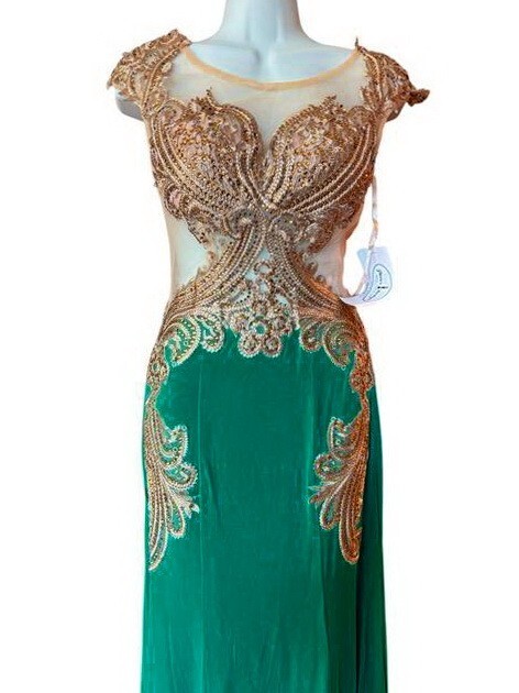 Temptation Emerald Green Gold Embroidered Rhinestone Illusion Dress Size 2 $279