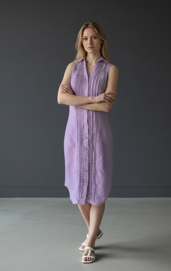 Vtg 70s Frixio Embroidered Lavender Guayabera Shirt Dress Sz 8 Ramie Cabana