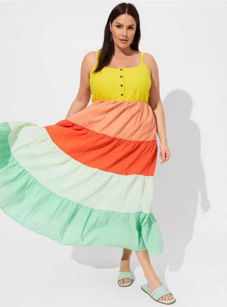Torrid Womens Color Block Maxi Challis Tiered Dress Plus Size 1XL(14/16)