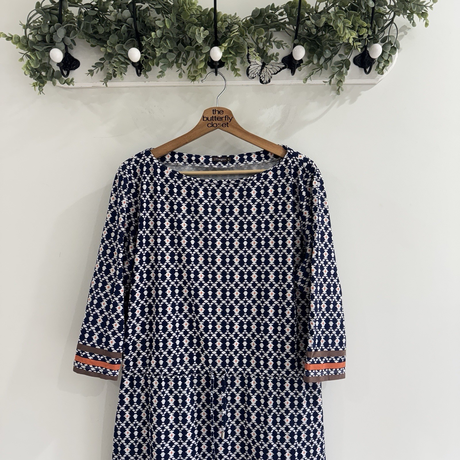 J. McLaughlin Catalina Cloth Blue Geometric Cinched Dress Elbow Sleeve XL HH46