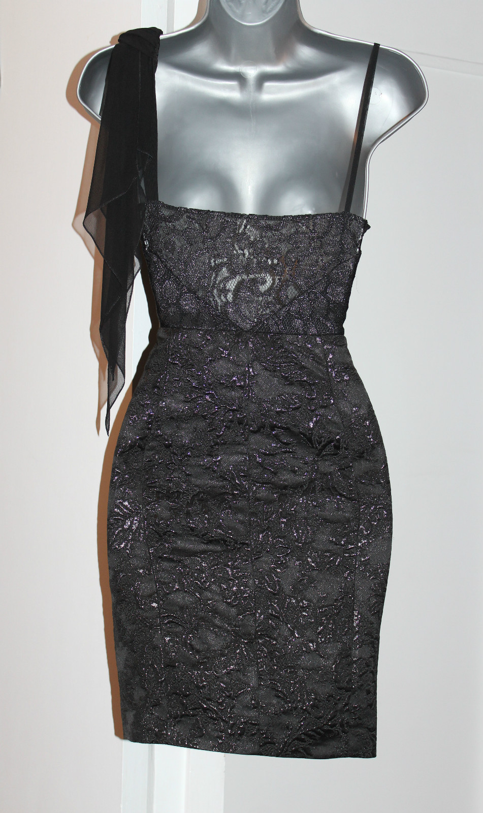 Karen Millen UK 10 Metallic Jacquard Black Lace Chiffon Drape Neck Dress EU 38
