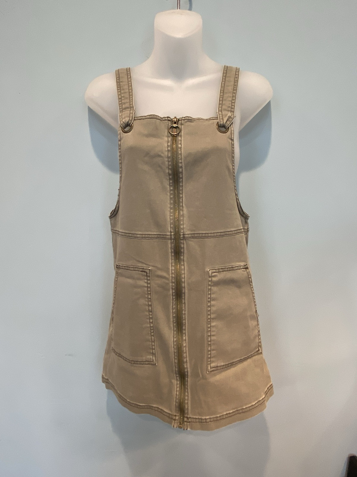 Zipper And Straps Front Tan/Kaki Mini Dress – Womens Size Small