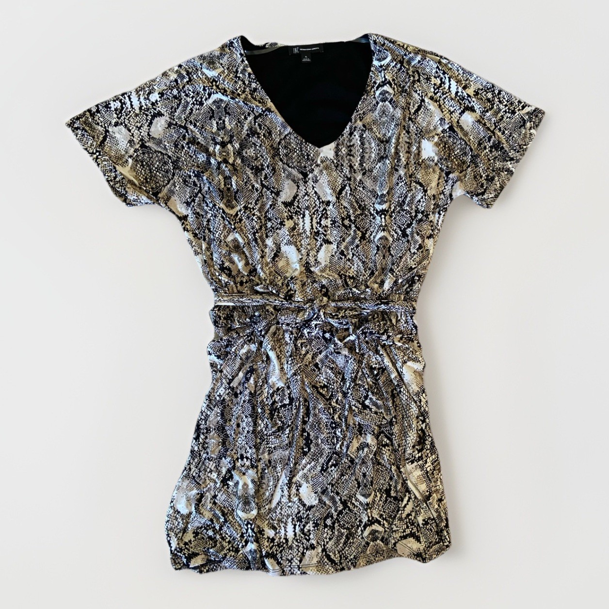 INC Snake Print Mini Dress XL Python V-Neck Tie Belt Short Sleeve Desert