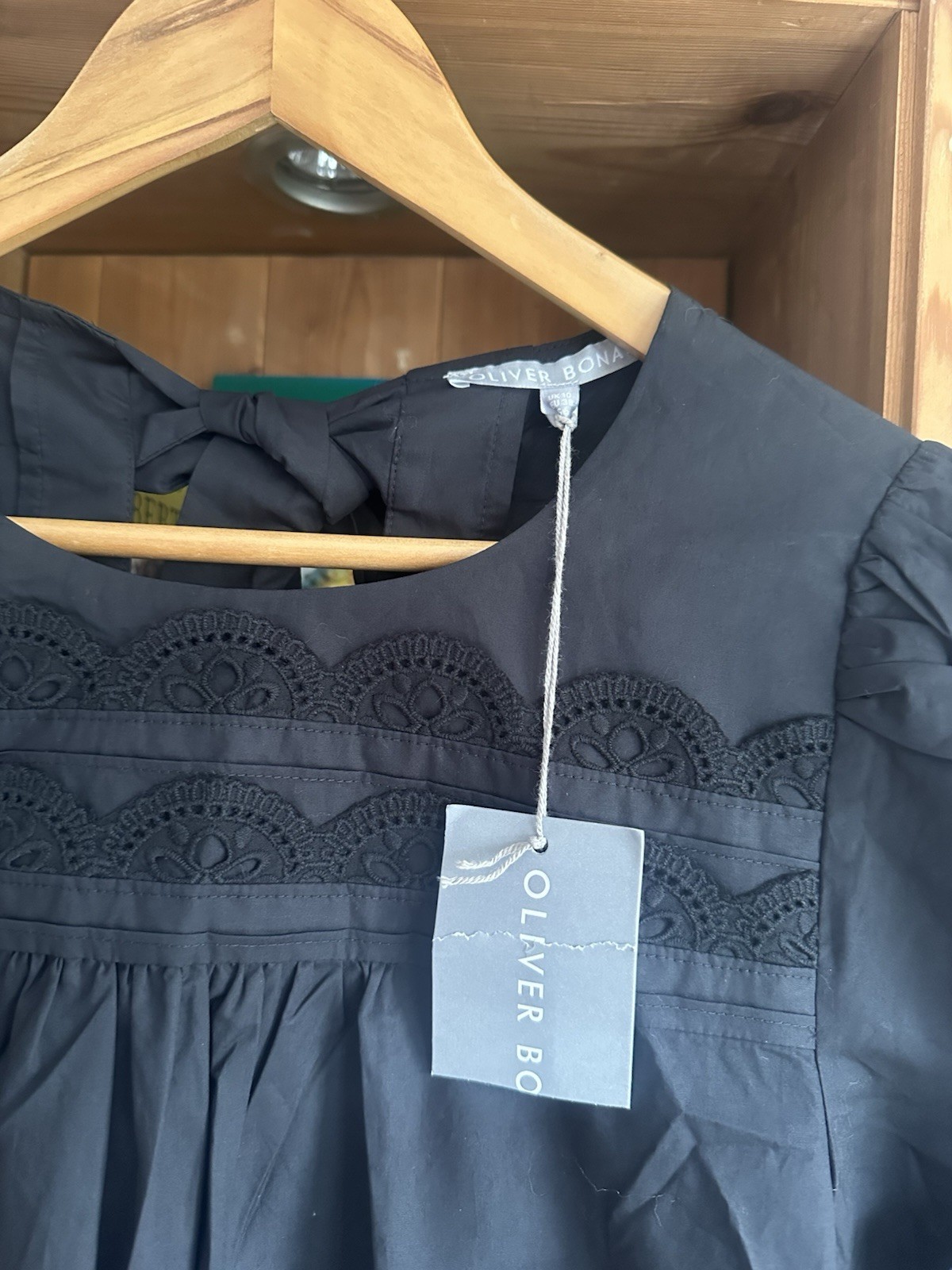 BNWT Oliver Bonas Black Tie Back Poplin Cotton Midi Dress Broderie Lace UK 10 38