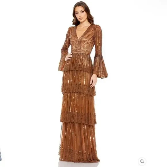 Mac Duggal Copper Sequin Stripe Long Bell Sleeve Tiered Ruffle Gown Size 20 $698