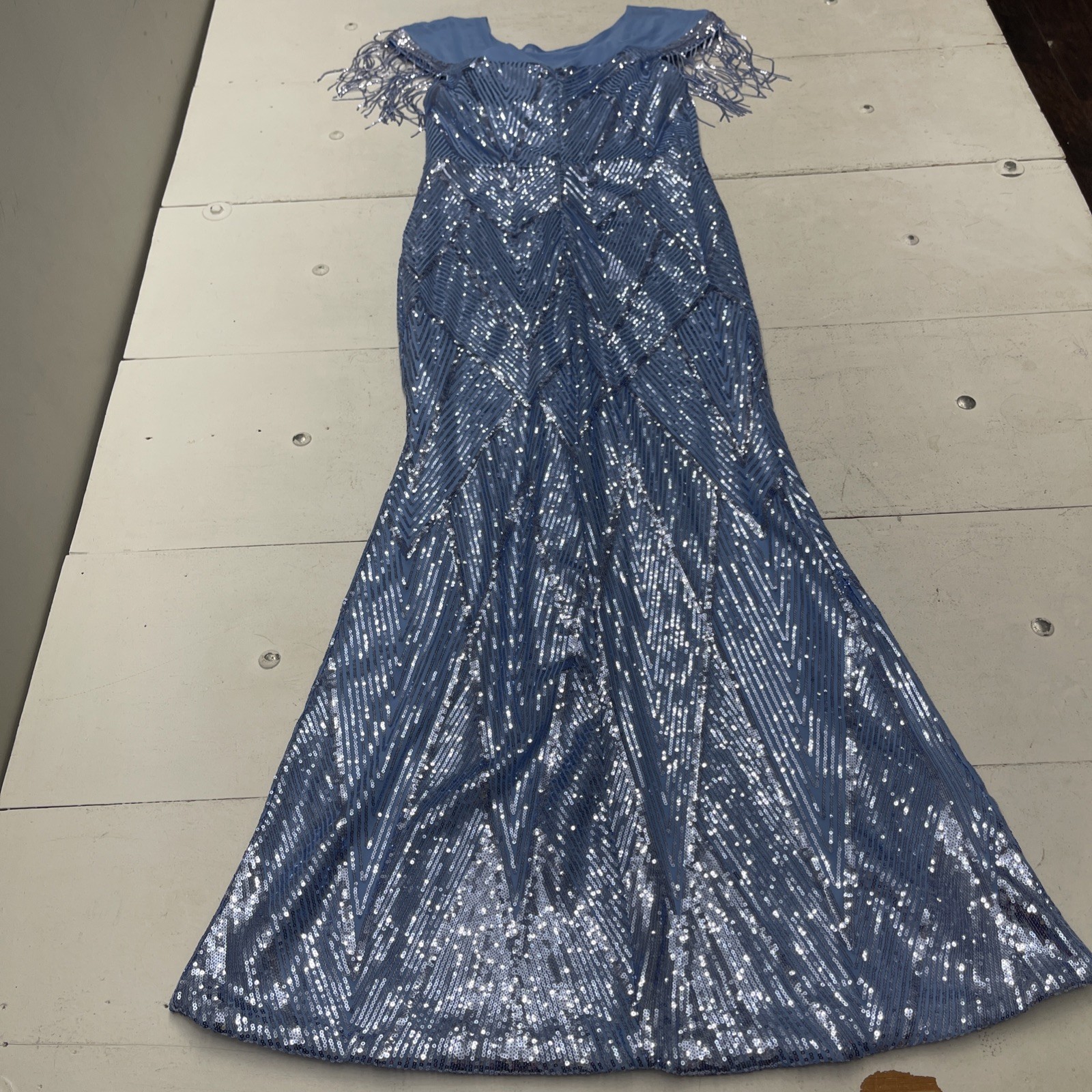 Unithorse Blue Sequin Fringe Sleeve Trim Mermaid Hem Formal Maxi Dress Women XL
