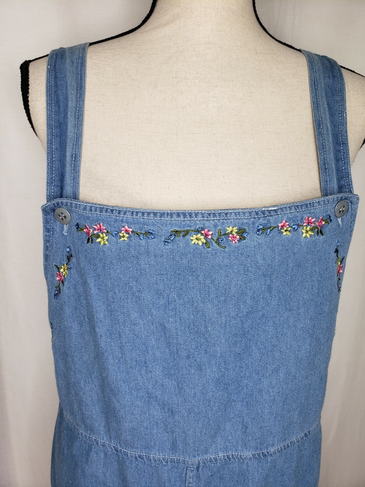 Vintage Capacity Bib Dress Medium Pockets Embroidery Blue Denim Side Split
