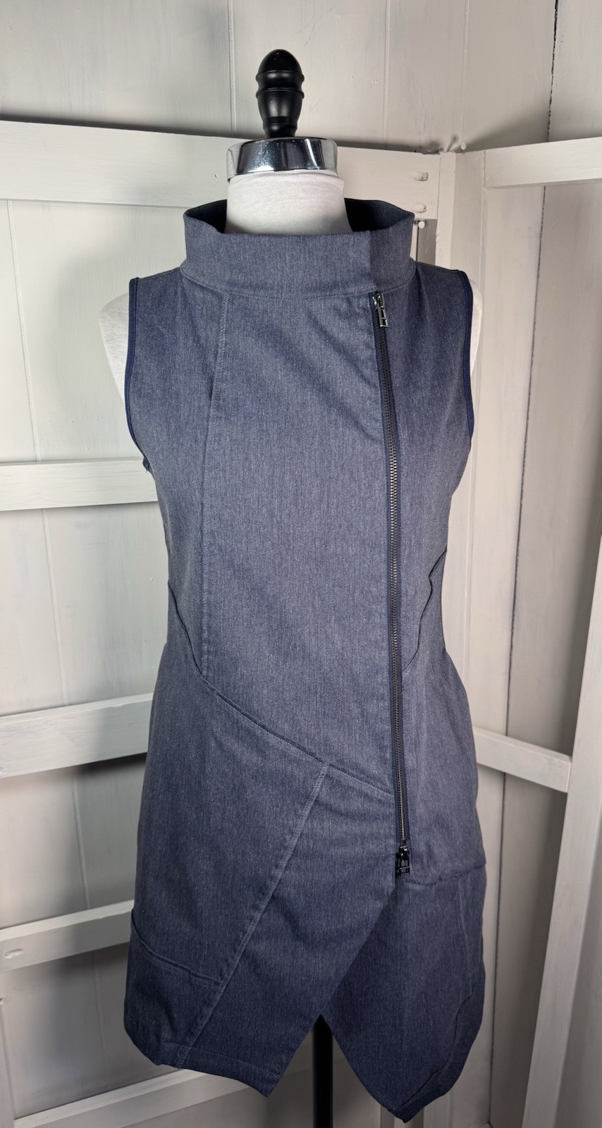 NWT Porto S.F. HEROINE Blue Stretchy Denim Dress Vest Asymmetrical Avant-Garde