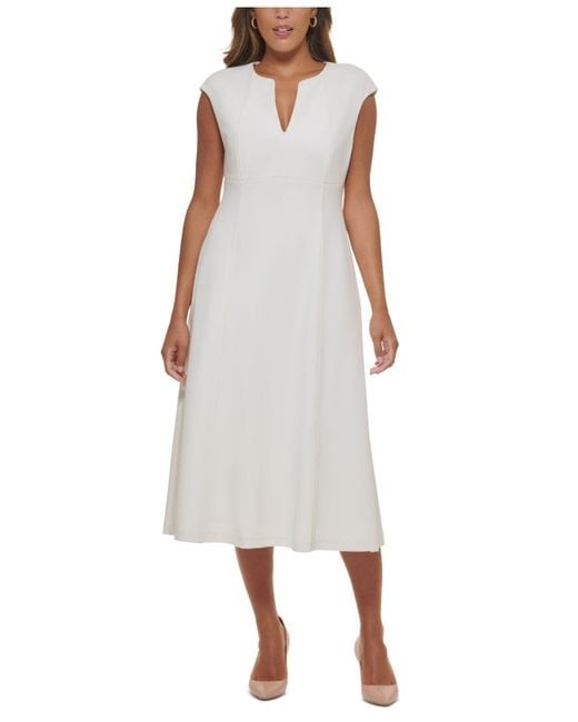 CALVIN KLEIN Womens Cap Sleeve Split Midi Wear To Work Fit + Flare Dress