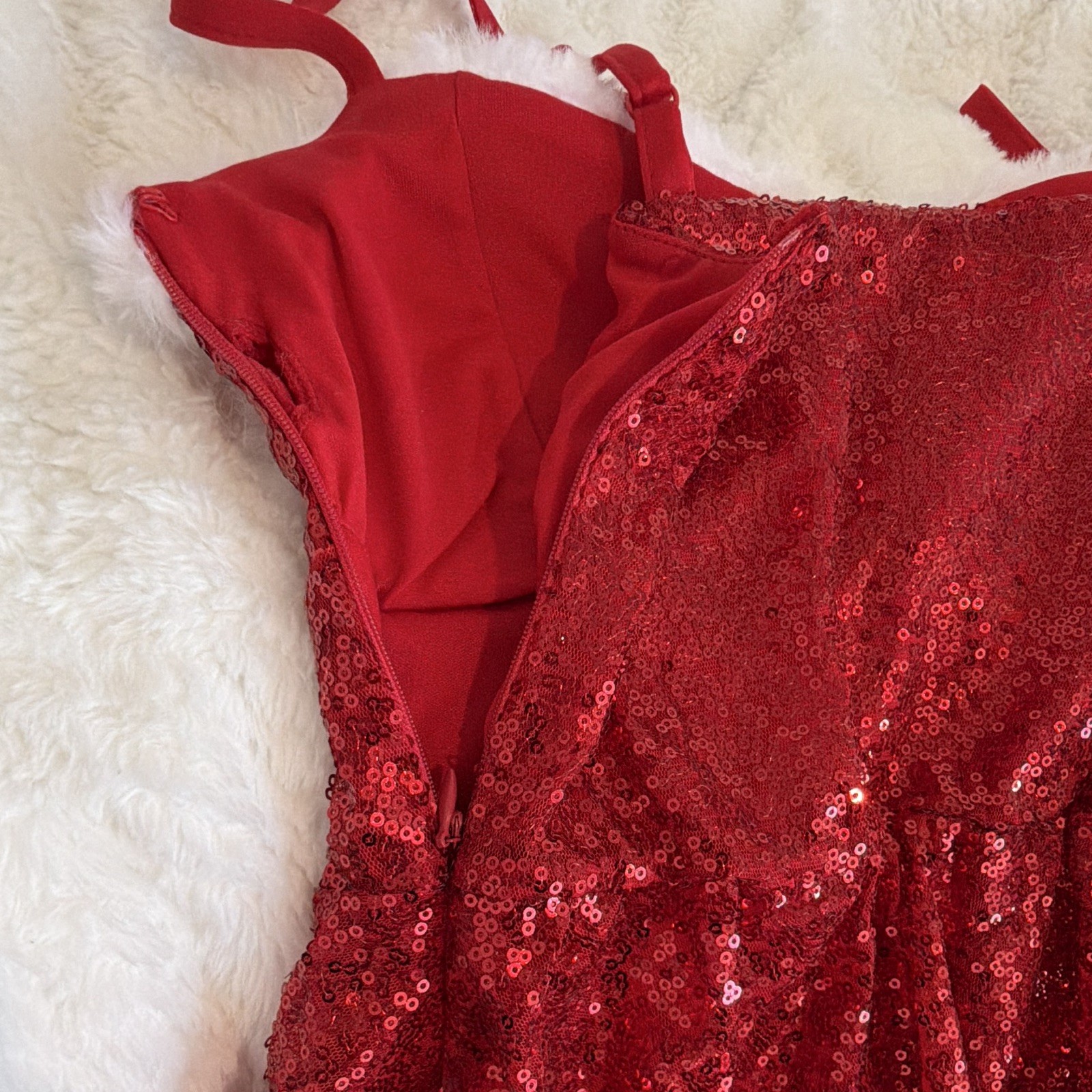 Red Sequin Santa Faux Fur Trim Mini Dress Sweetheart Zip Lined Women’s S
