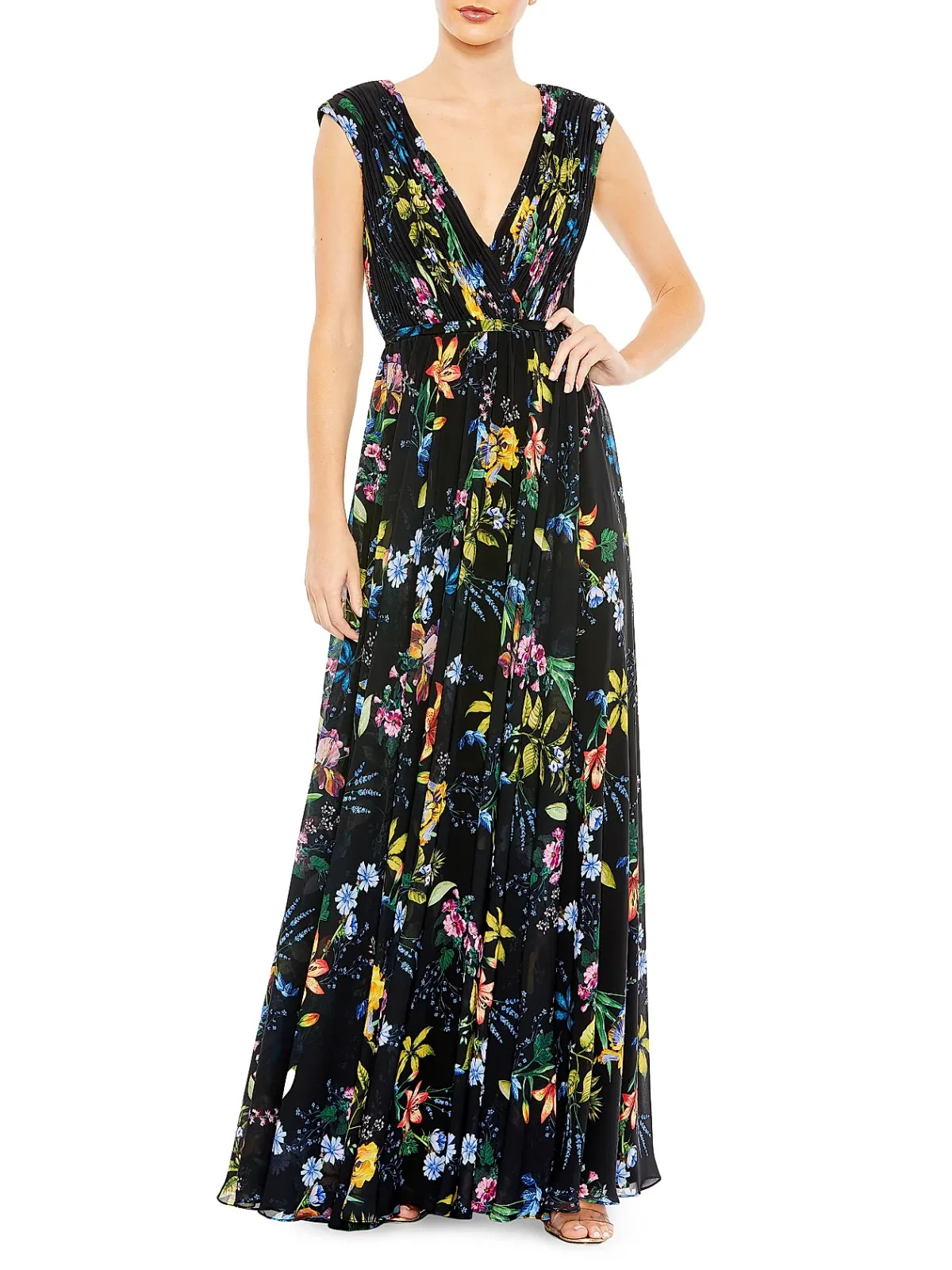 Mac Duggal Black Multi Pleated Floral A-Line Gown Size 6 $398