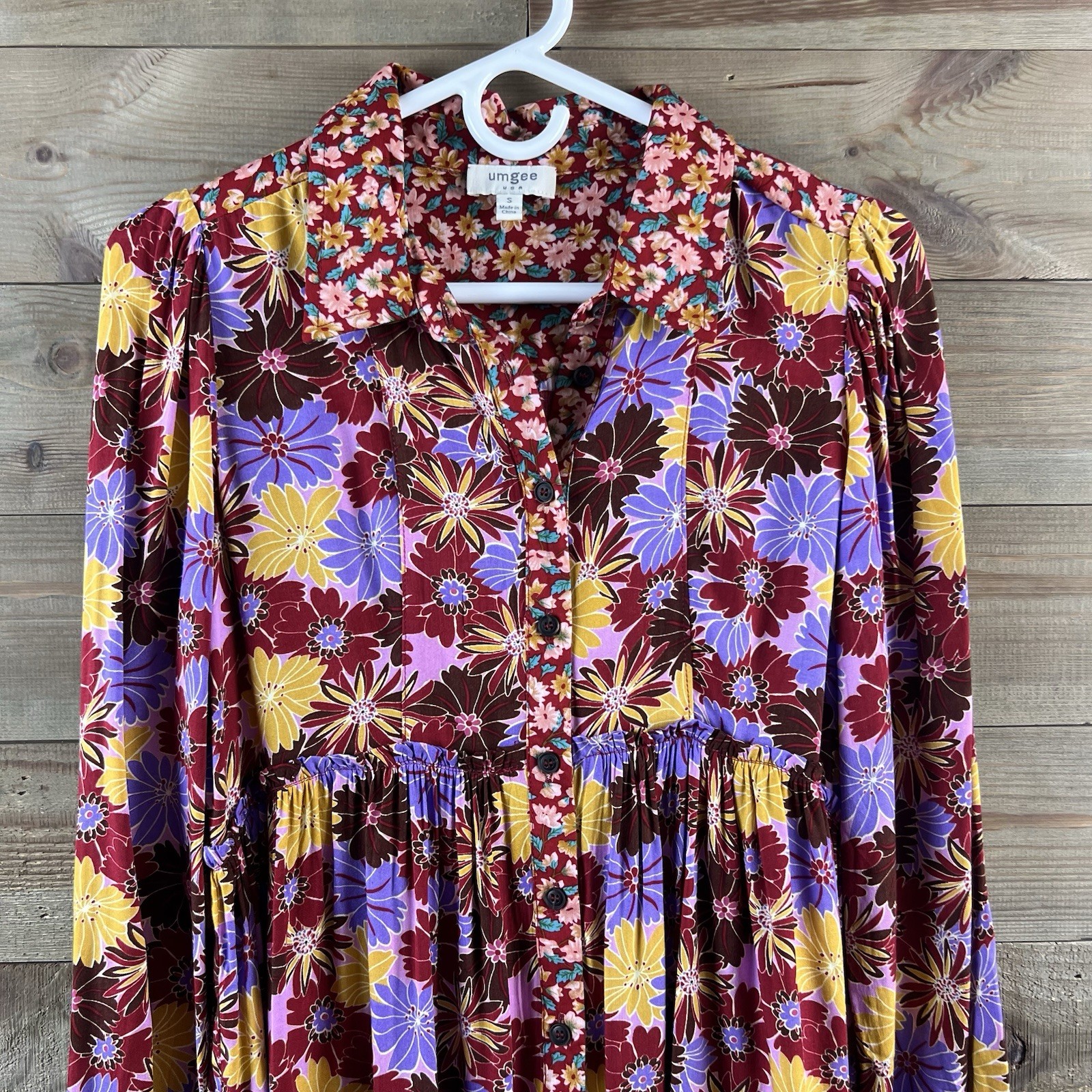 Umgee Womens Dress Long Sleeve Button Up Mixed Florals Pleated Boho Small