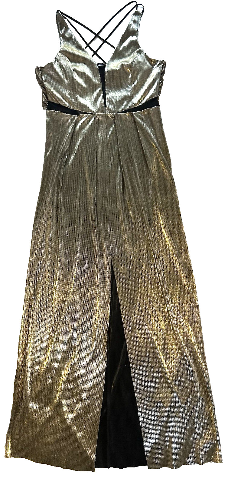 BCBGeneration Maxi Dress Crisscross Black Gold Metallic Size 10 NWT Front Split