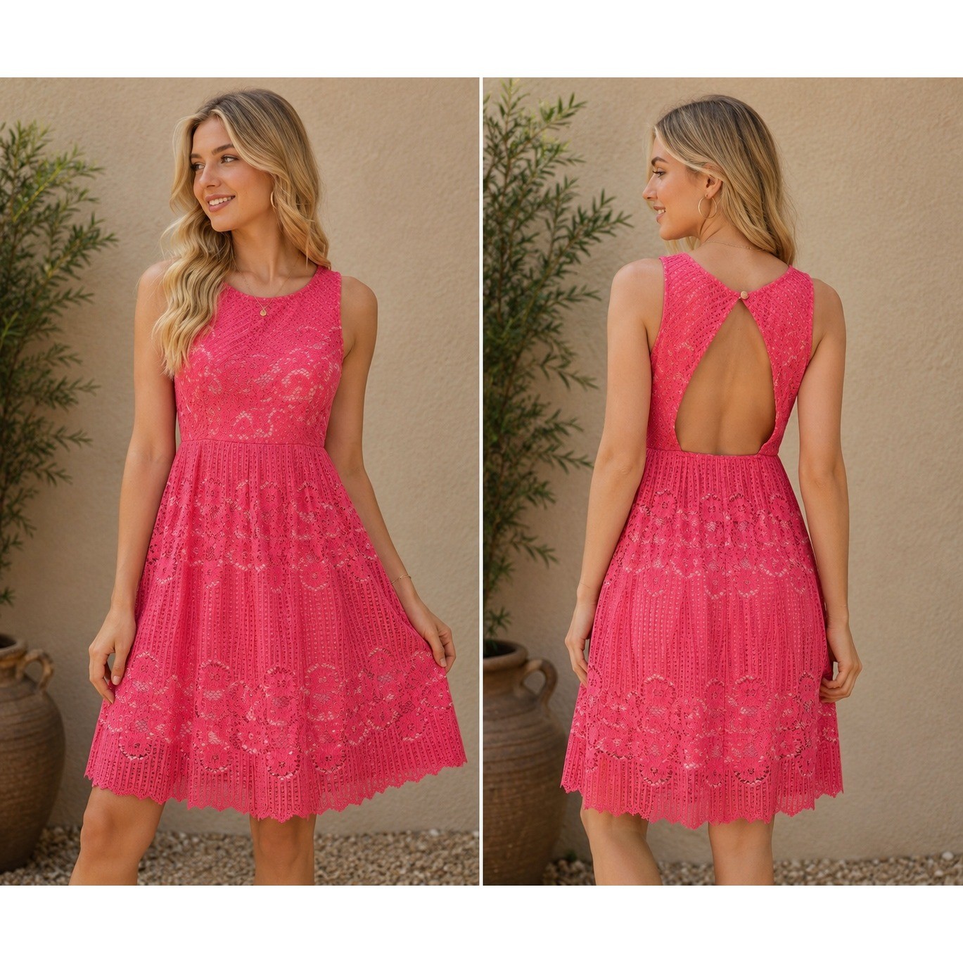 Free People Coral Lace Fit & Flare Dress Cutout Back Boho Women Size 8