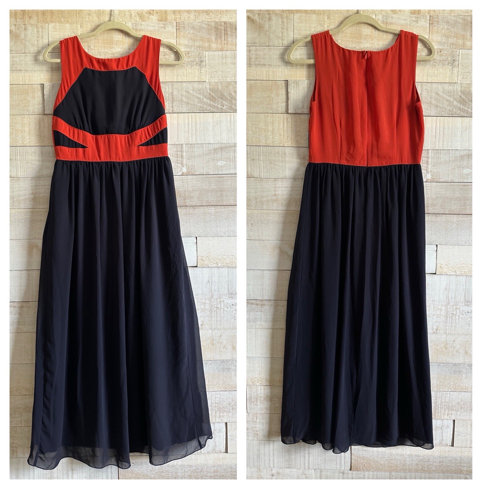Enfocus Studio Women’s Maxi Dress Size 8 Orange Navy Fully Lined Sleeveless Fit