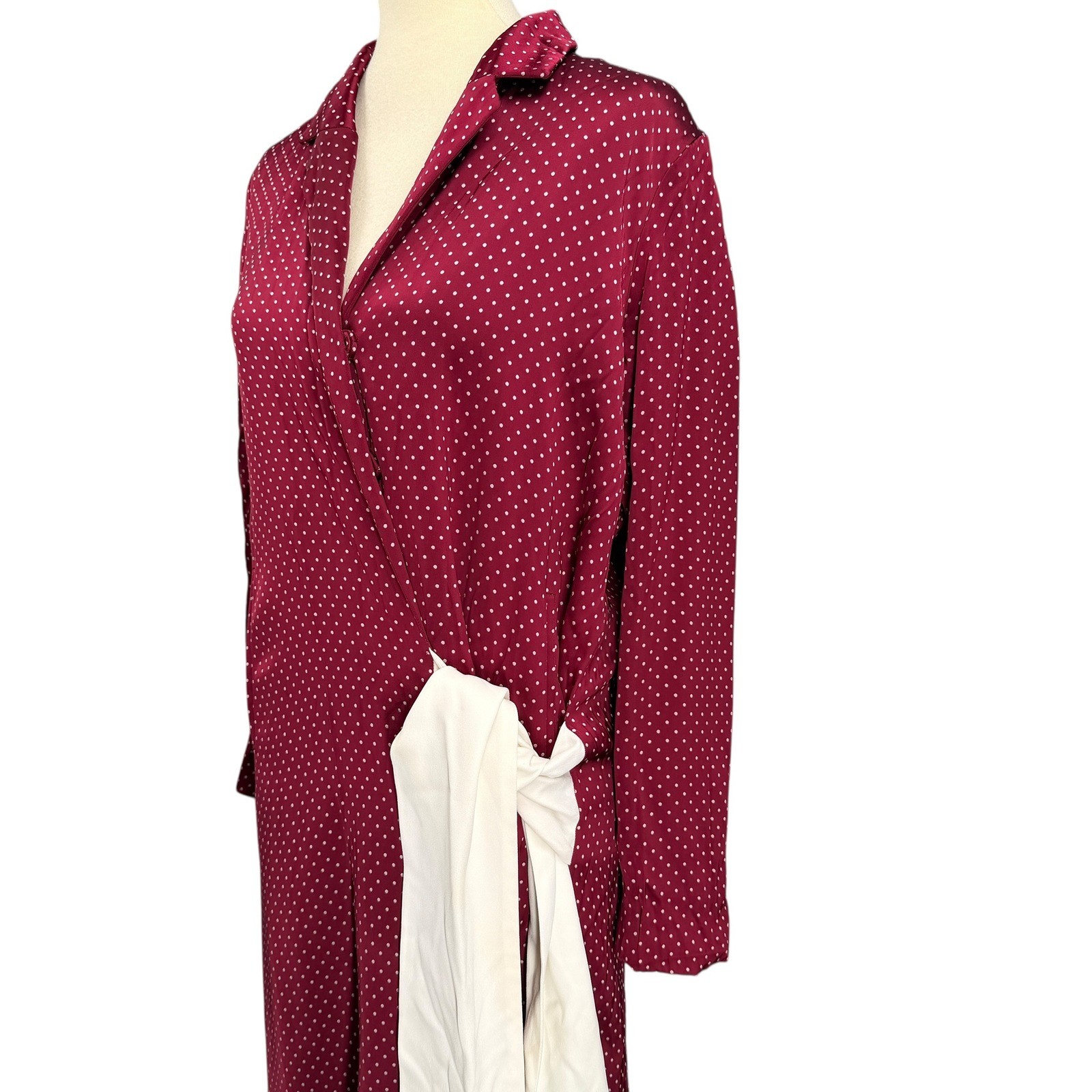 Thakoon Polka Dot Wrap Dress Burgundy White Silk Lined Long Sleeve Est Large