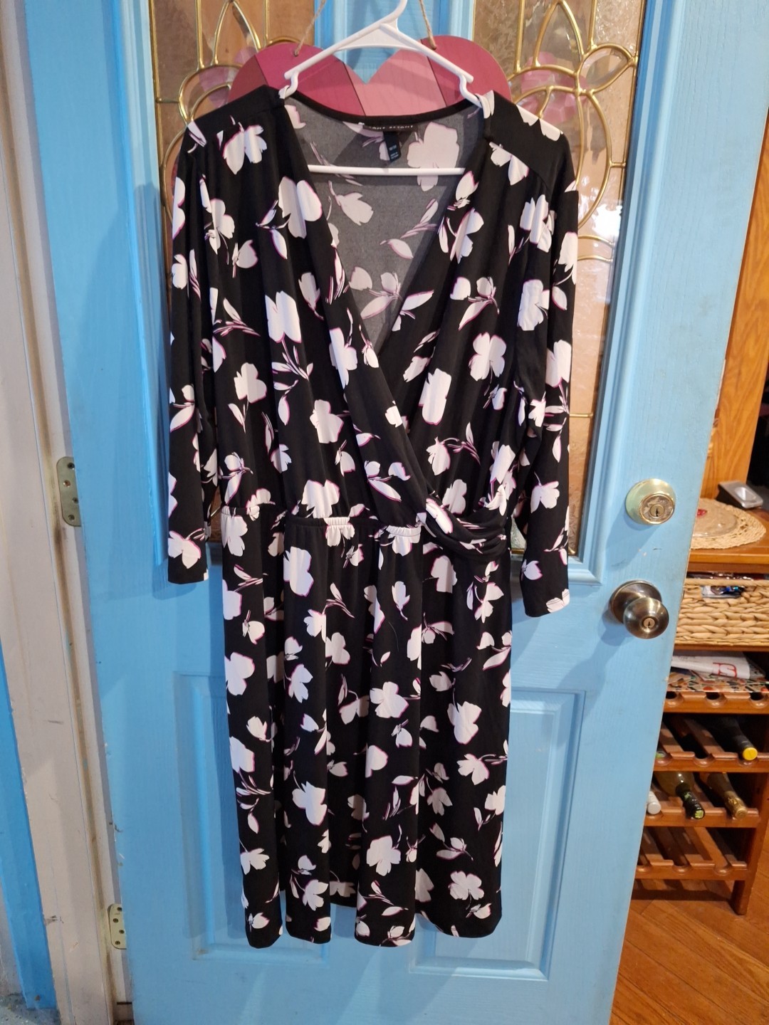 LANE BRYANT Black Plus Floral V Neck Elastic Waist DRESS Size 18/20 Poly/Spandex