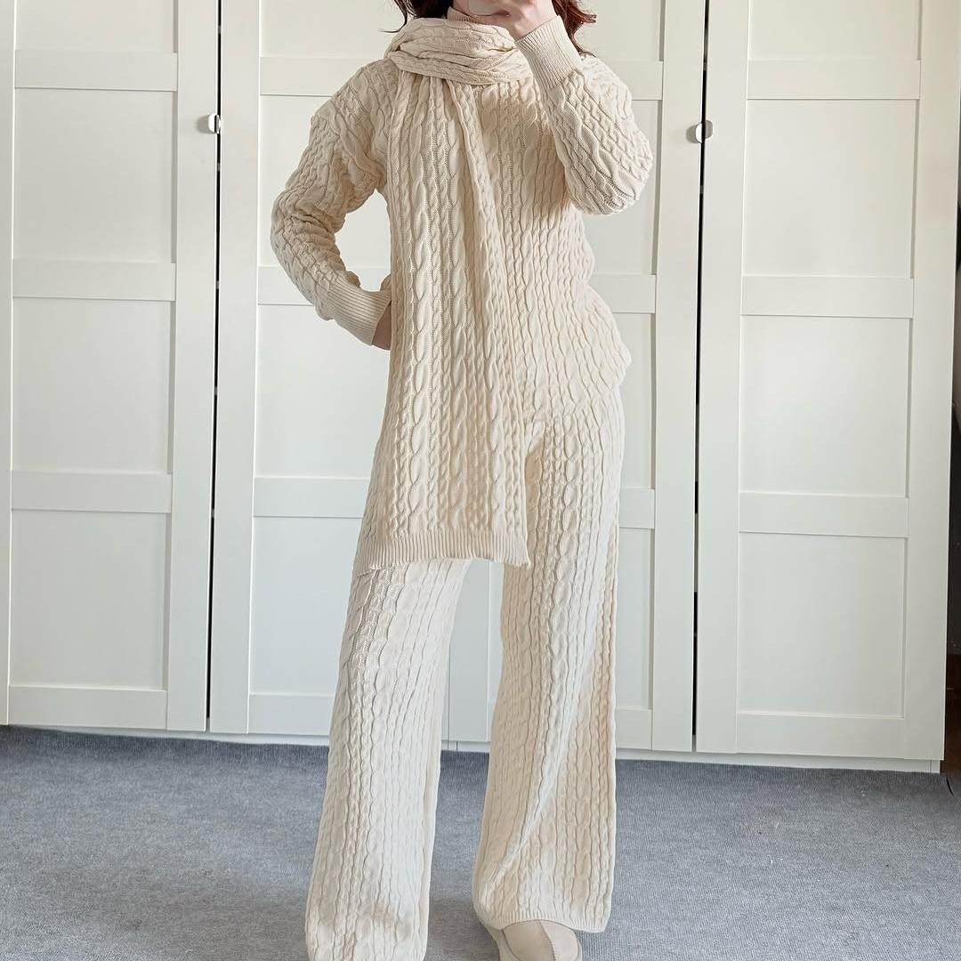 Warm Casual Neck Warmer Top And Pants Sweater Set