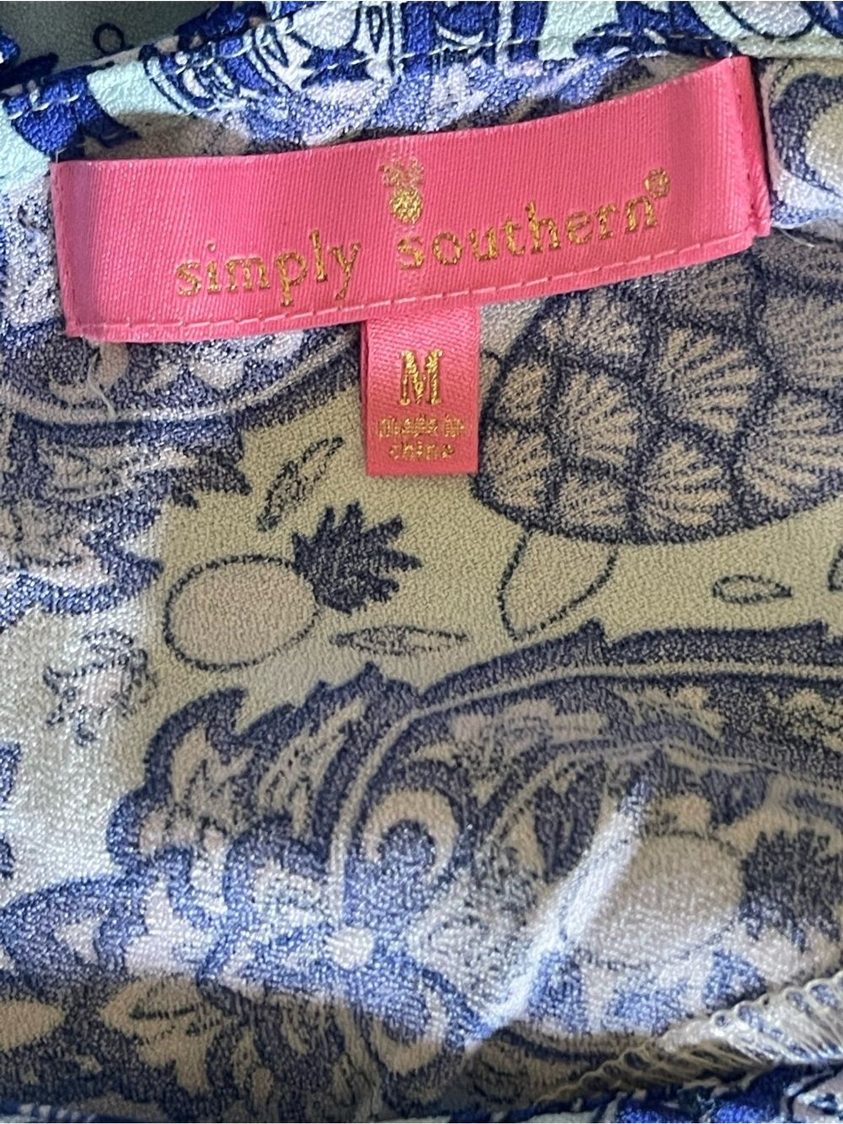 Simply Southern Sea Turtle Pineapple Blue Paisley Dress POCKETS Beach Coastal M
