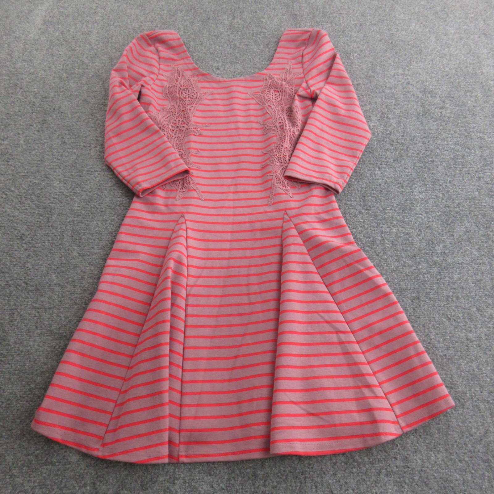 Free People Dress Womens Small Pink Red Stripe Lace Fit Flare Skater 3/4 Sleeve