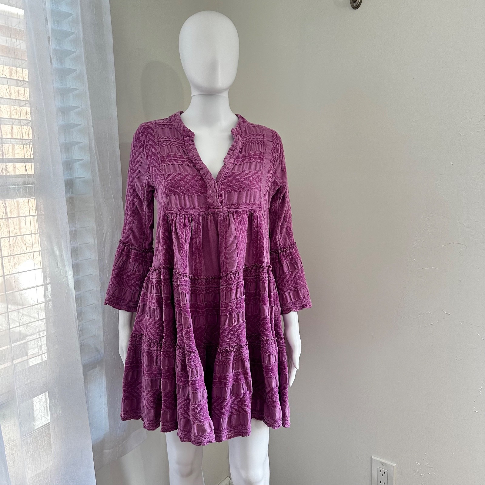Devotion Twins Ella Dress Womens S Purple Mini Babydoll Embroidery 3/4 Sleeve
